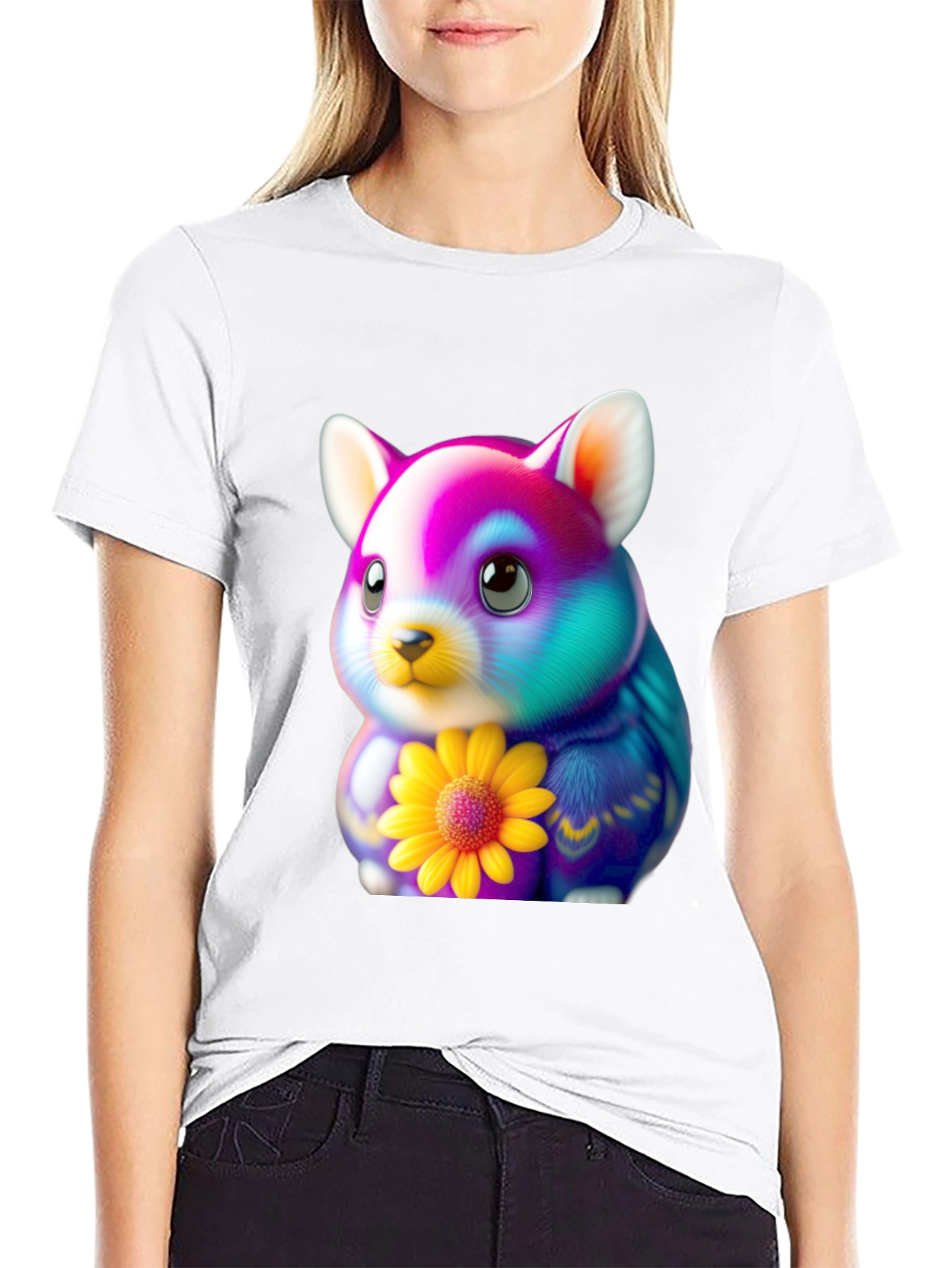 Black Cute Hamster T-Shirt with Sunflower Graphic view 9