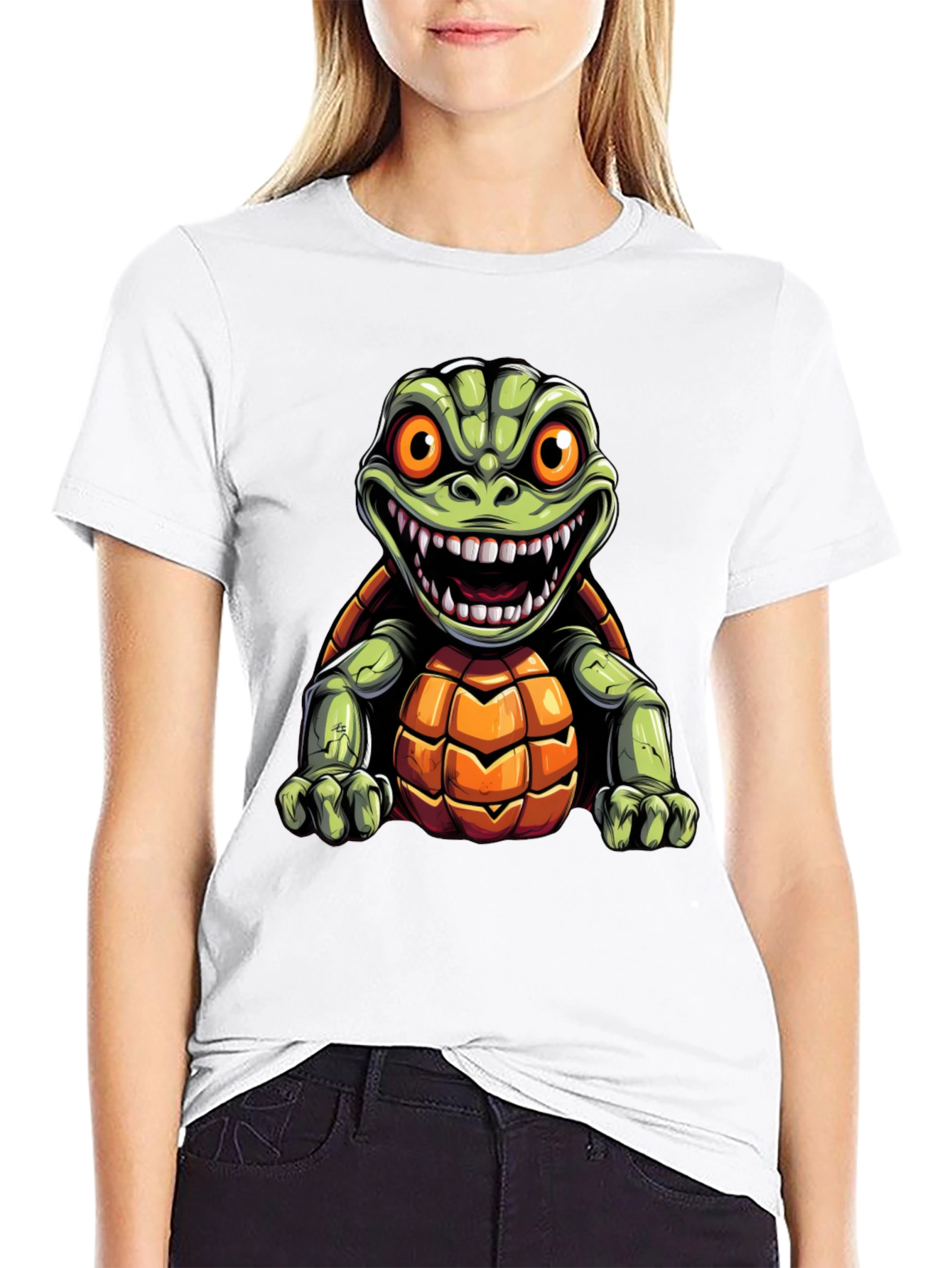Black Men's Black T-Shirt with Cartoon Turtle Graphic view 9