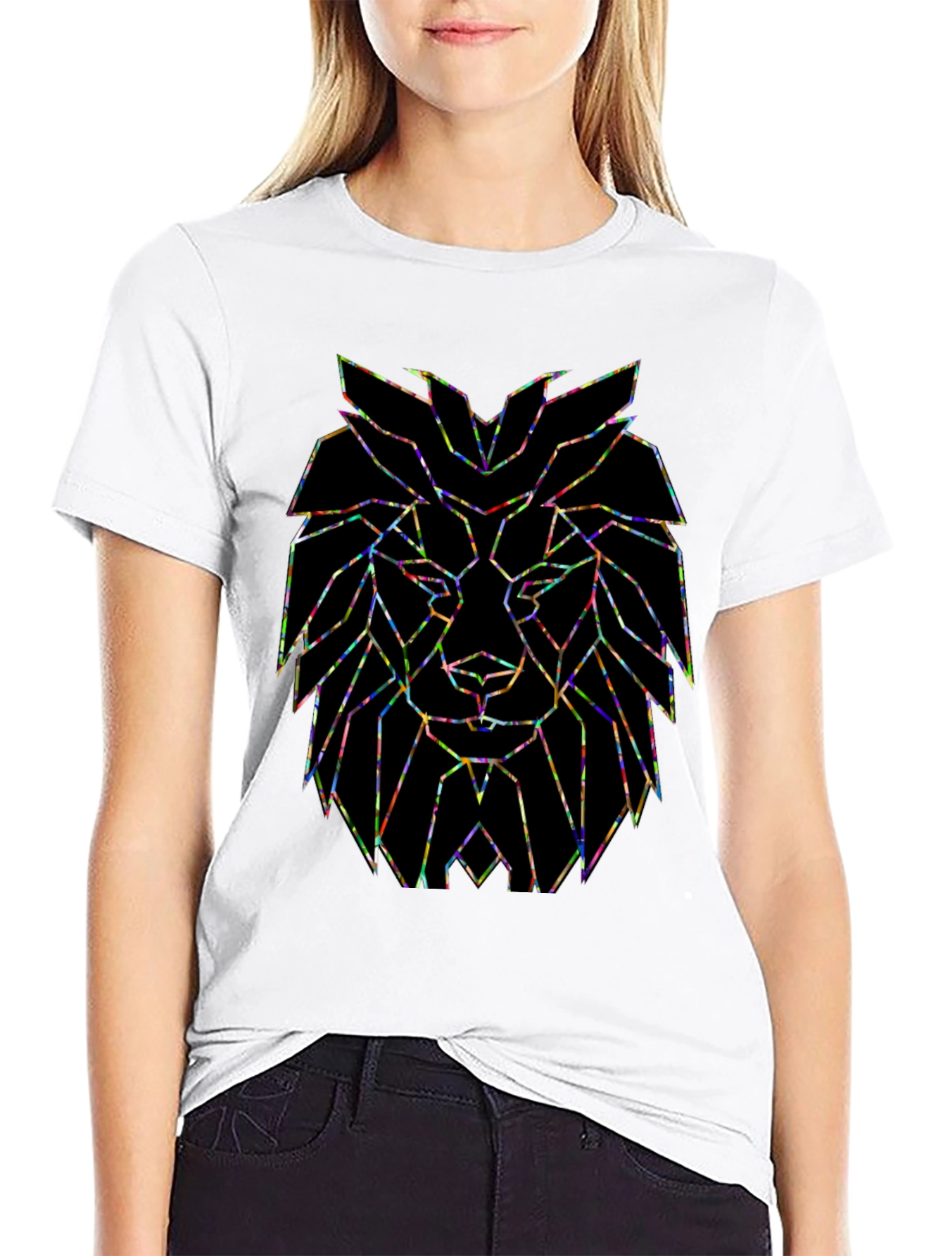 Black Geometric Lion Head Graphic Tee - Modern Art Design view 9
