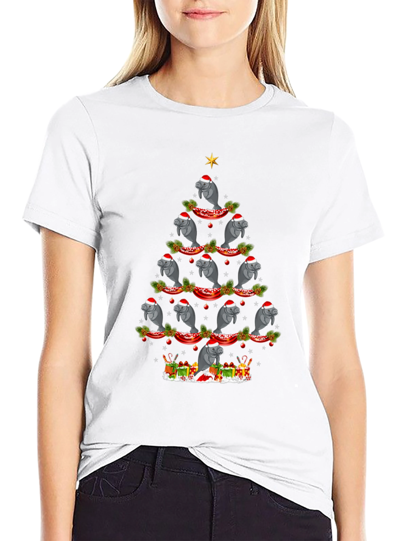 Black Manatee Christmas Tree Graphic Tee - Holiday Fun view 9