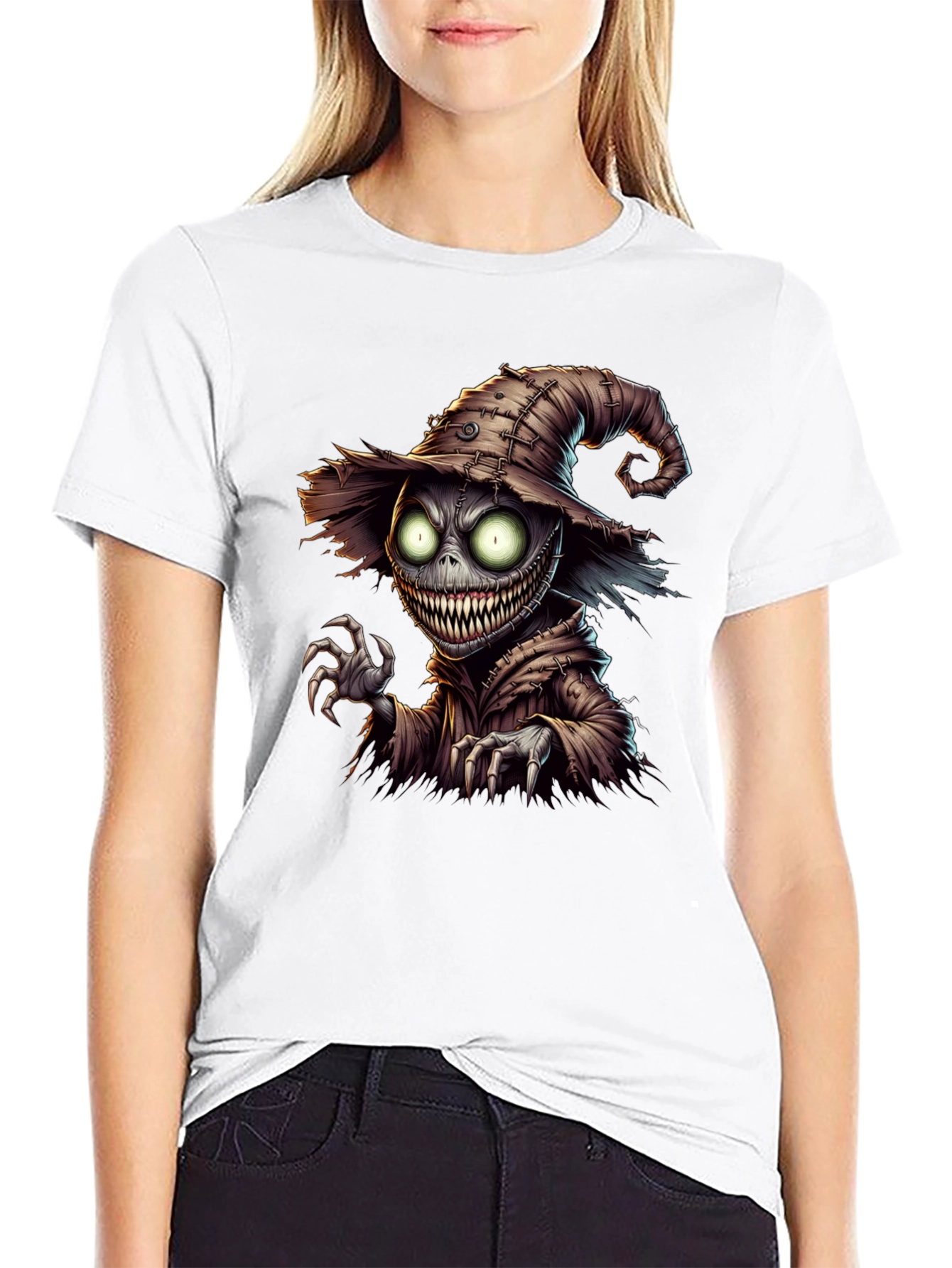 Black Creepy Scarecrow Graphic Tee - Halloween Horror Shirt view 9