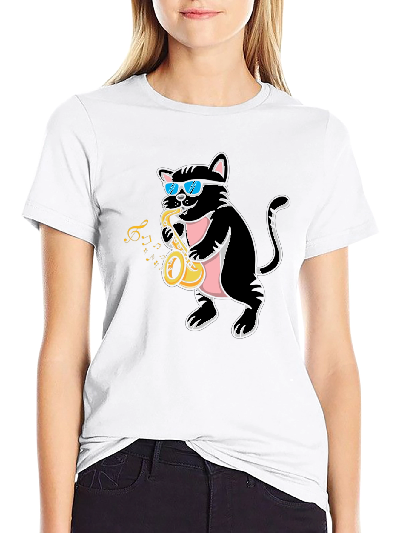 Black Cool Cat Saxophone Player Graphic T-Shirt view 9