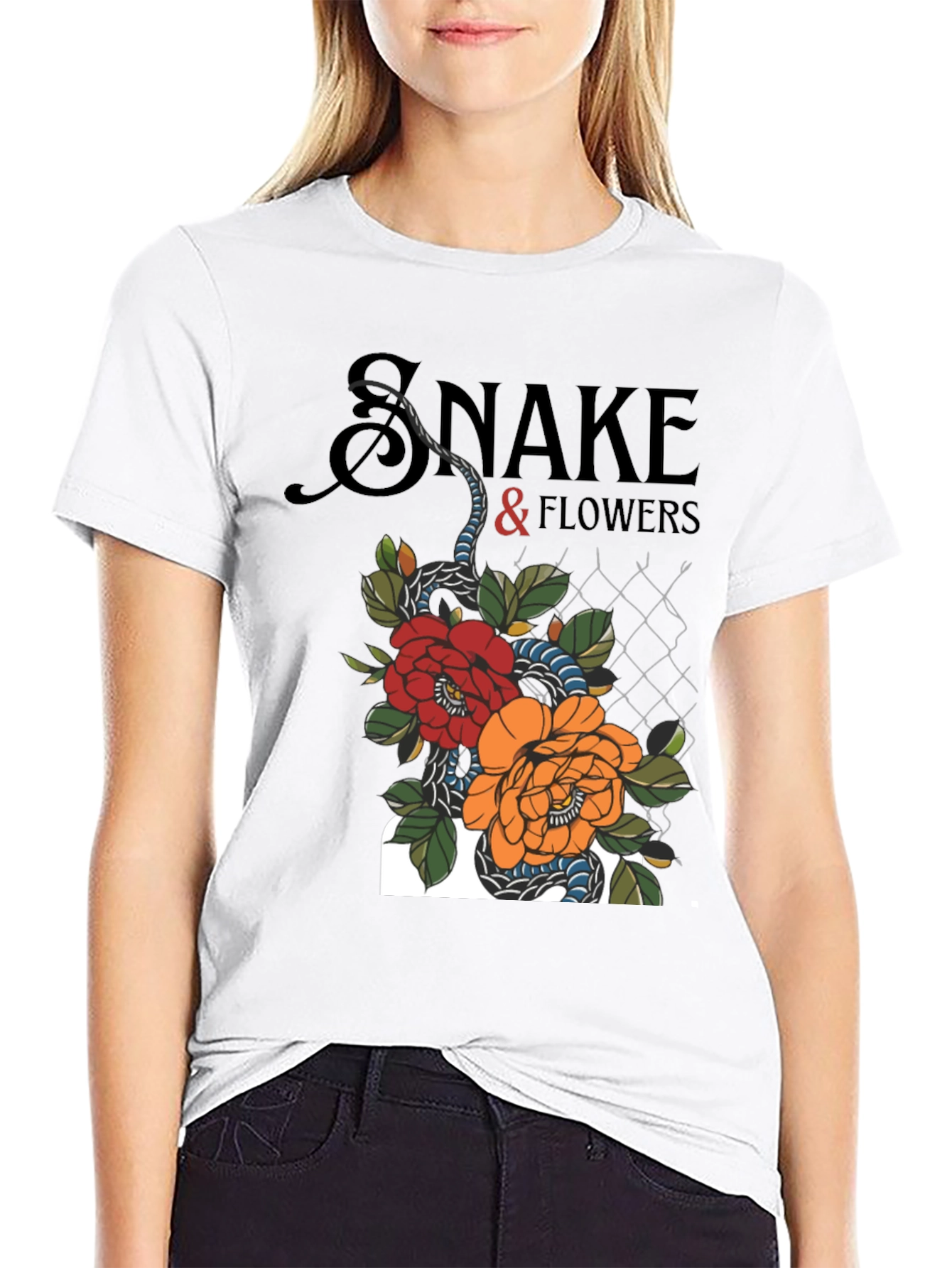 Black Snake & Flowers Graphic Tee - Black Cotton T-Shirt view 9