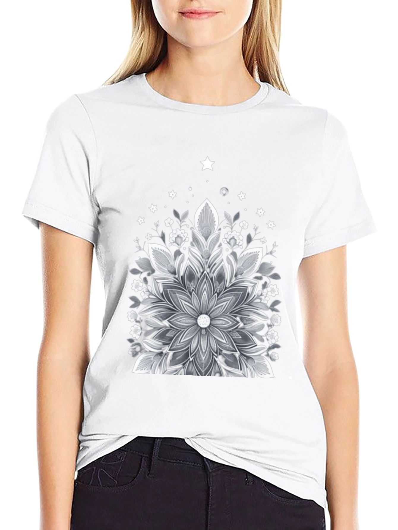 Black Floral Mandala Graphic Tee - Black Cotton Blend view 9