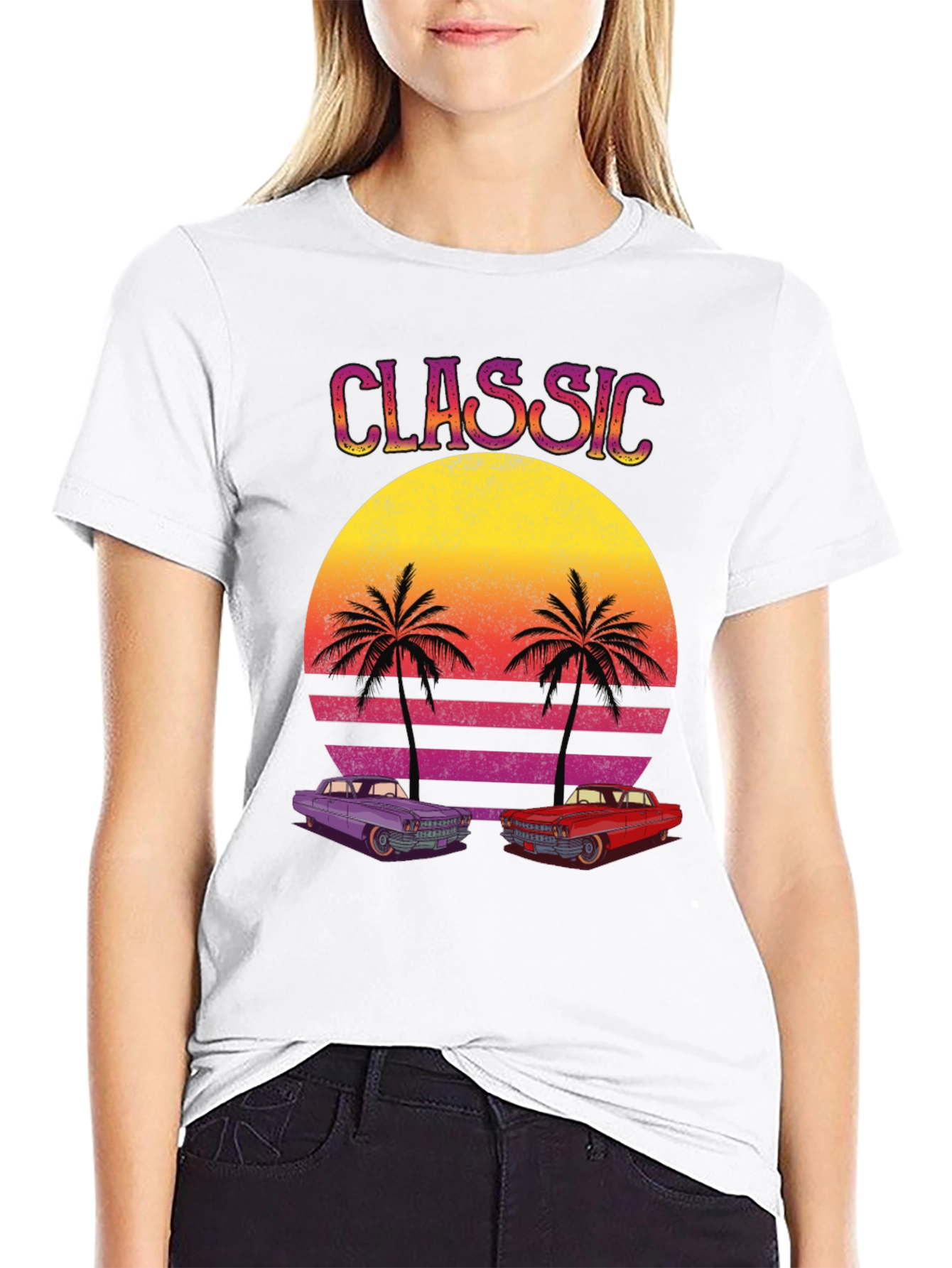 Black Classic Cars Sunset Graphic Tee view 9