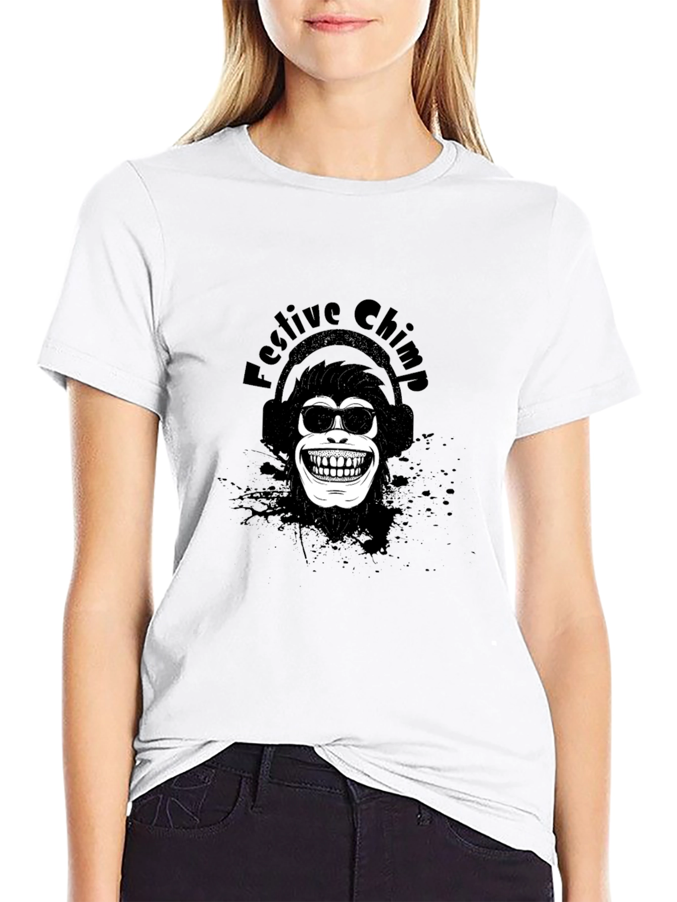 Black Festive Chimp Graphic Tee - Black Cotton T-Shirt view 9