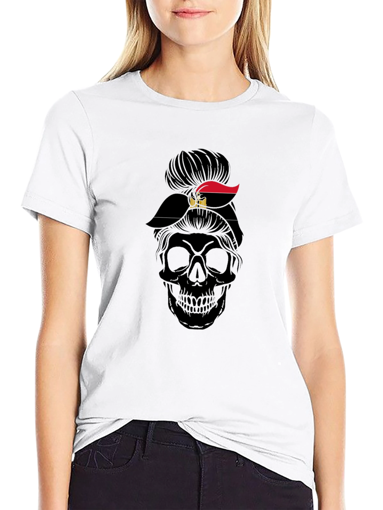 Black Skull Messy Bun Egypt Flag T-Shirt view 9