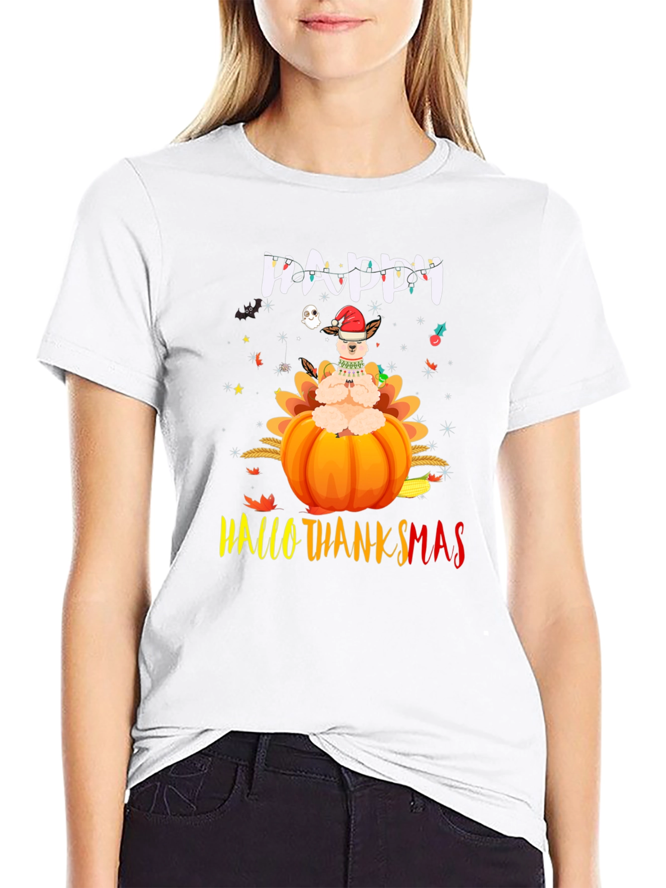 Black Happy HalloThanksmas Llama T-Shirt view 9
