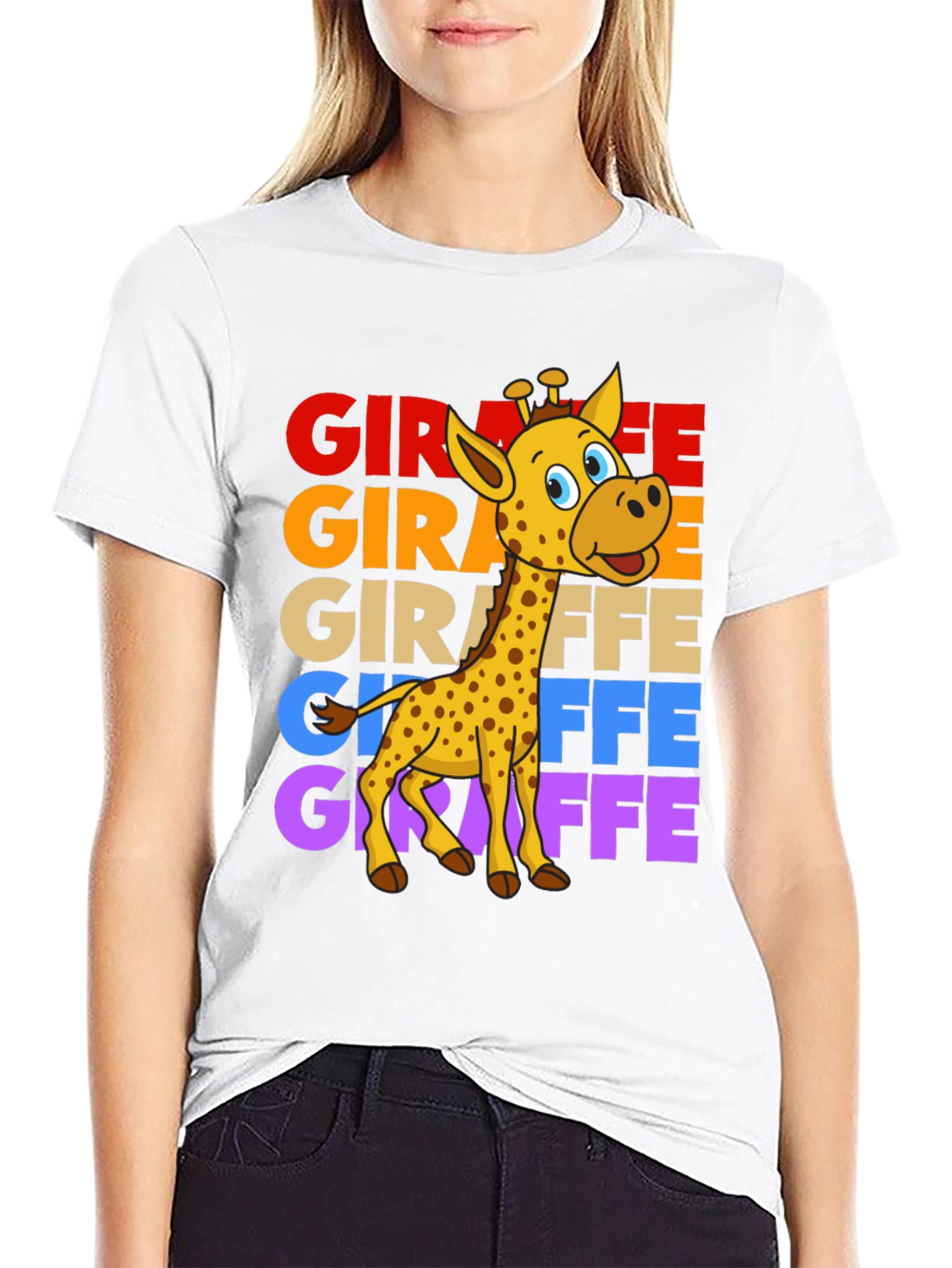 Black Giraffe Graphic Tee - Colorful Cartoon Giraffe Design view 9