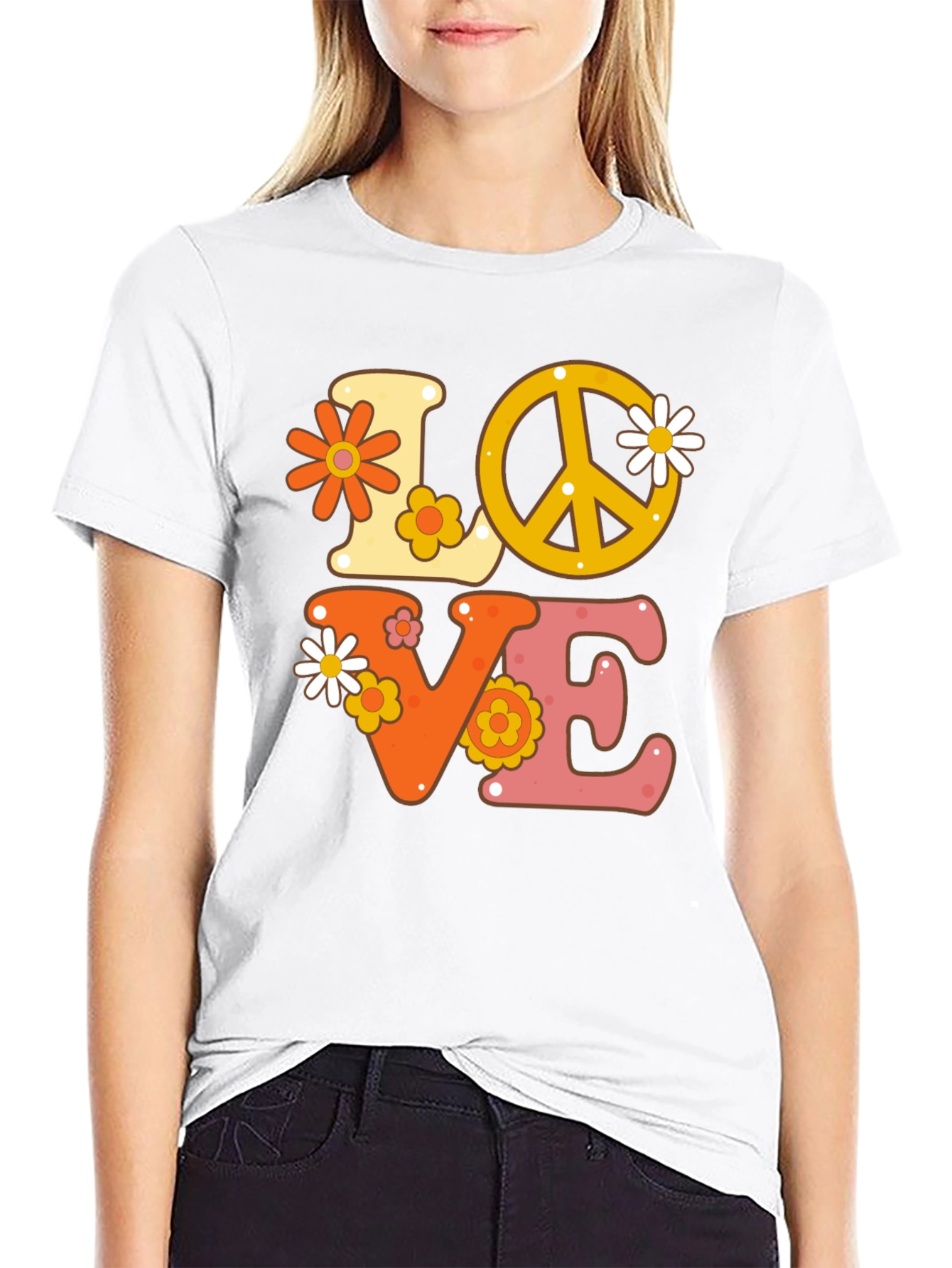 Black Retro Love Peace Sign Graphic Tee view 9