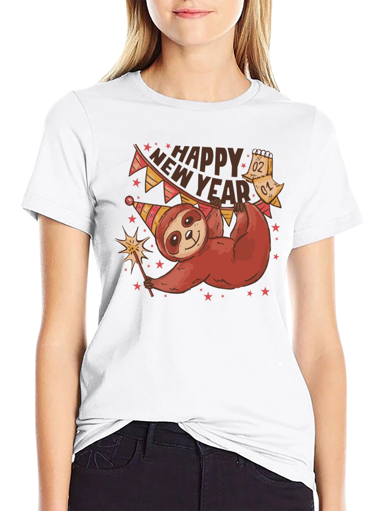 Black Happy New Year Sloth T-Shirt view 9