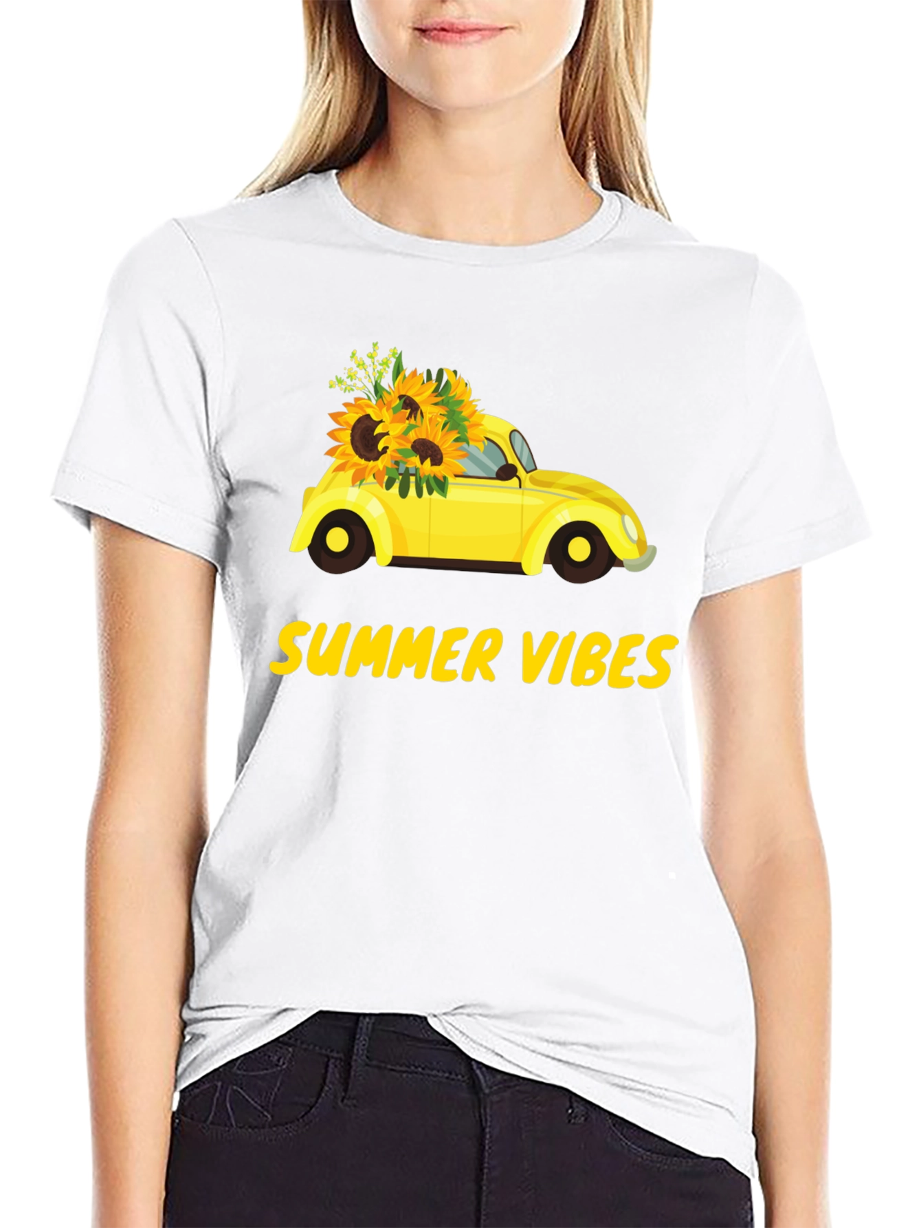 Black Summer Vibes Sunflower Car Graphic T-Shirt view 9