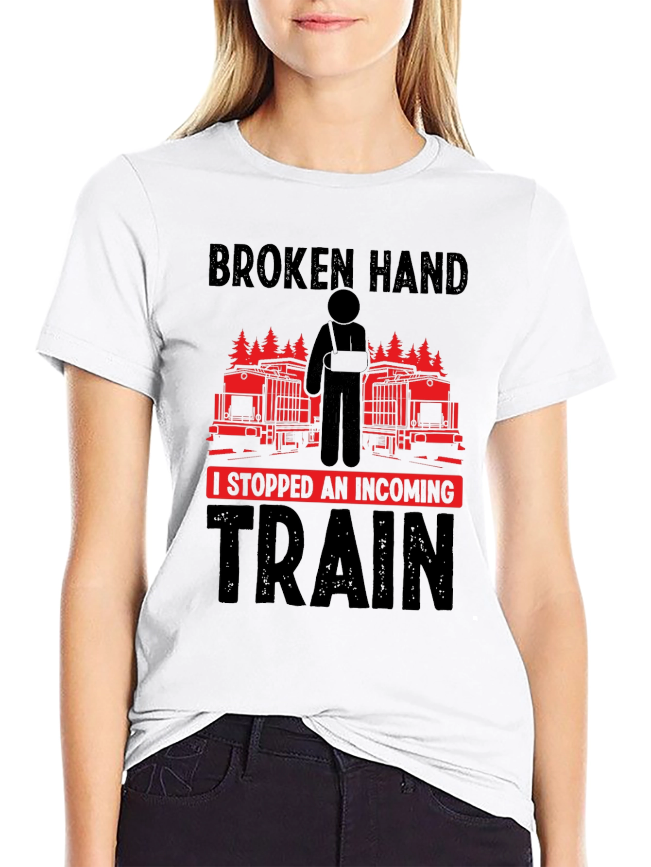 Black Broken Hand Incoming Train Funny T-Shirt view 9