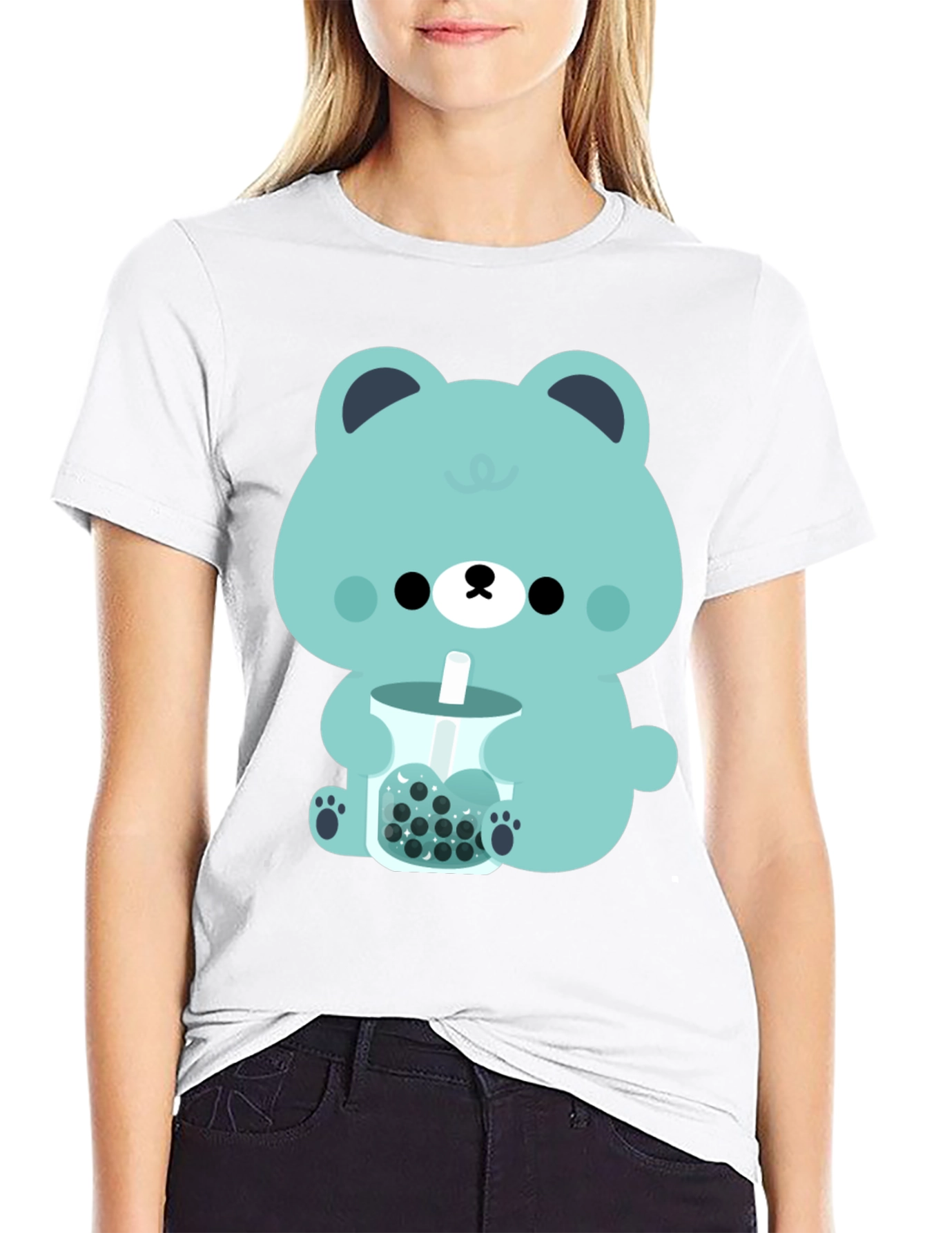 Black Cute Bear Bubble Tea Graphic Tee view 9