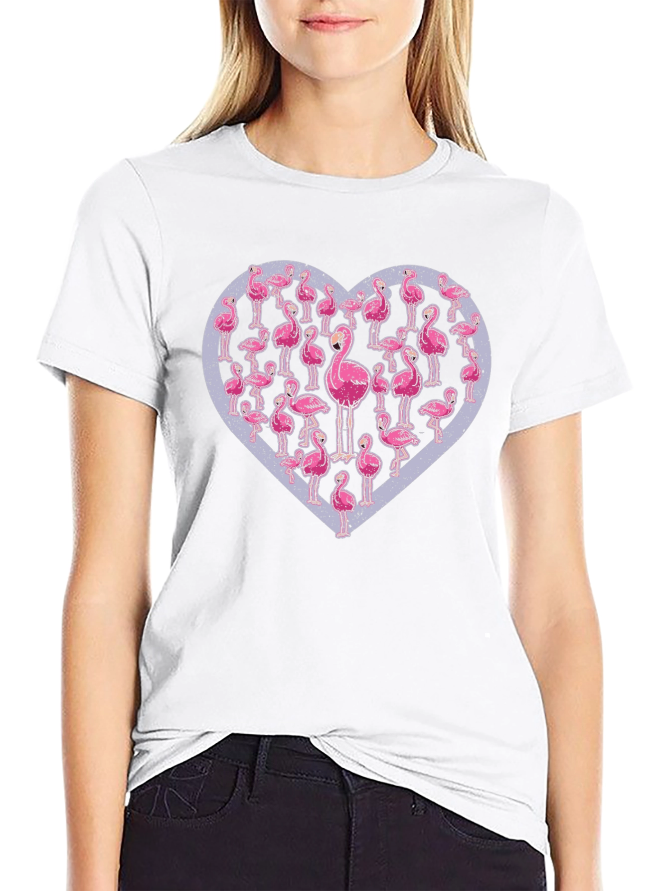 Black Flamingo Heart Graphic Tee - Casual Black T-Shirt view 9