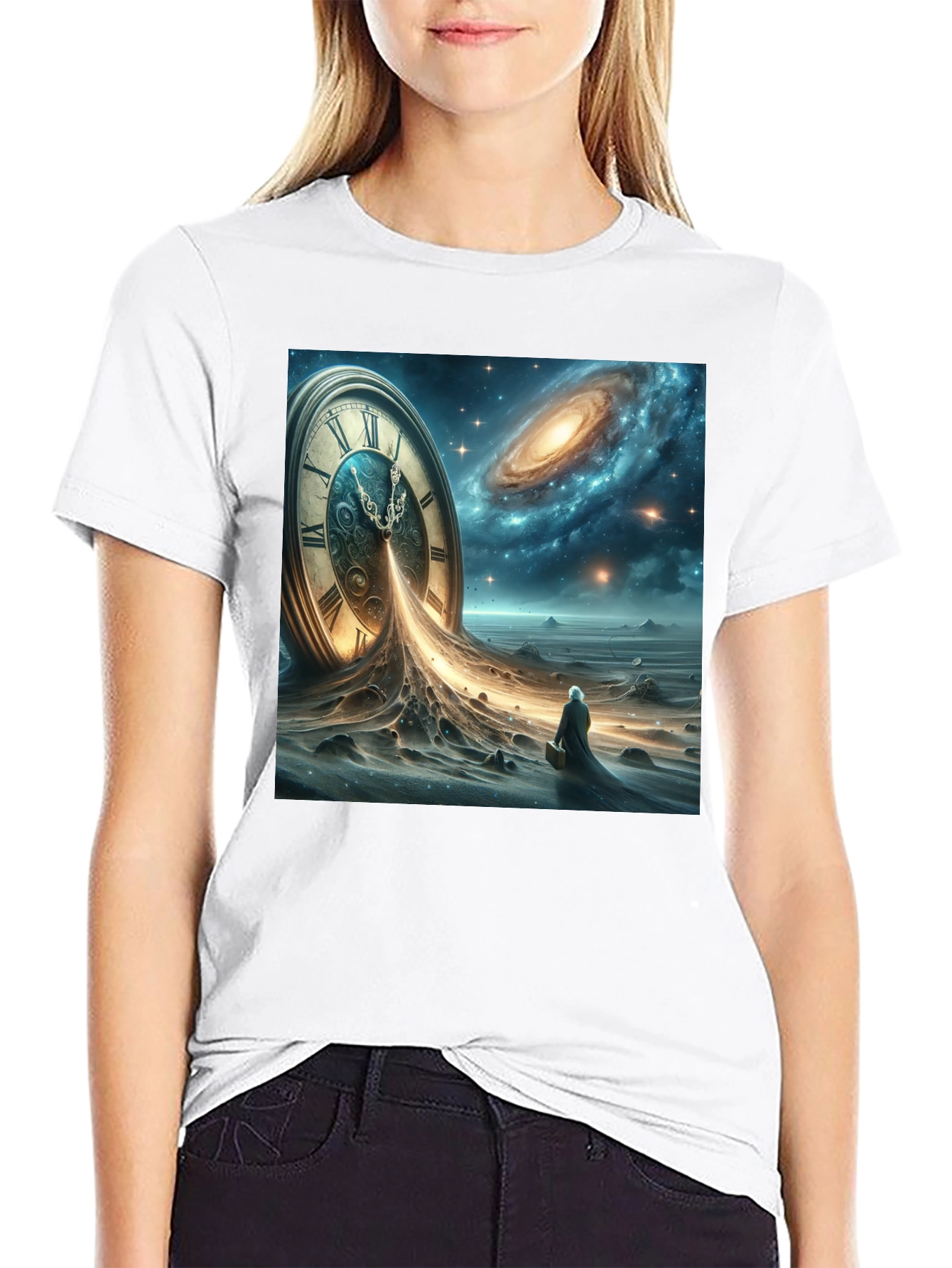 Black Time and Space Tee: Surreal Galaxy Clock Design view 9