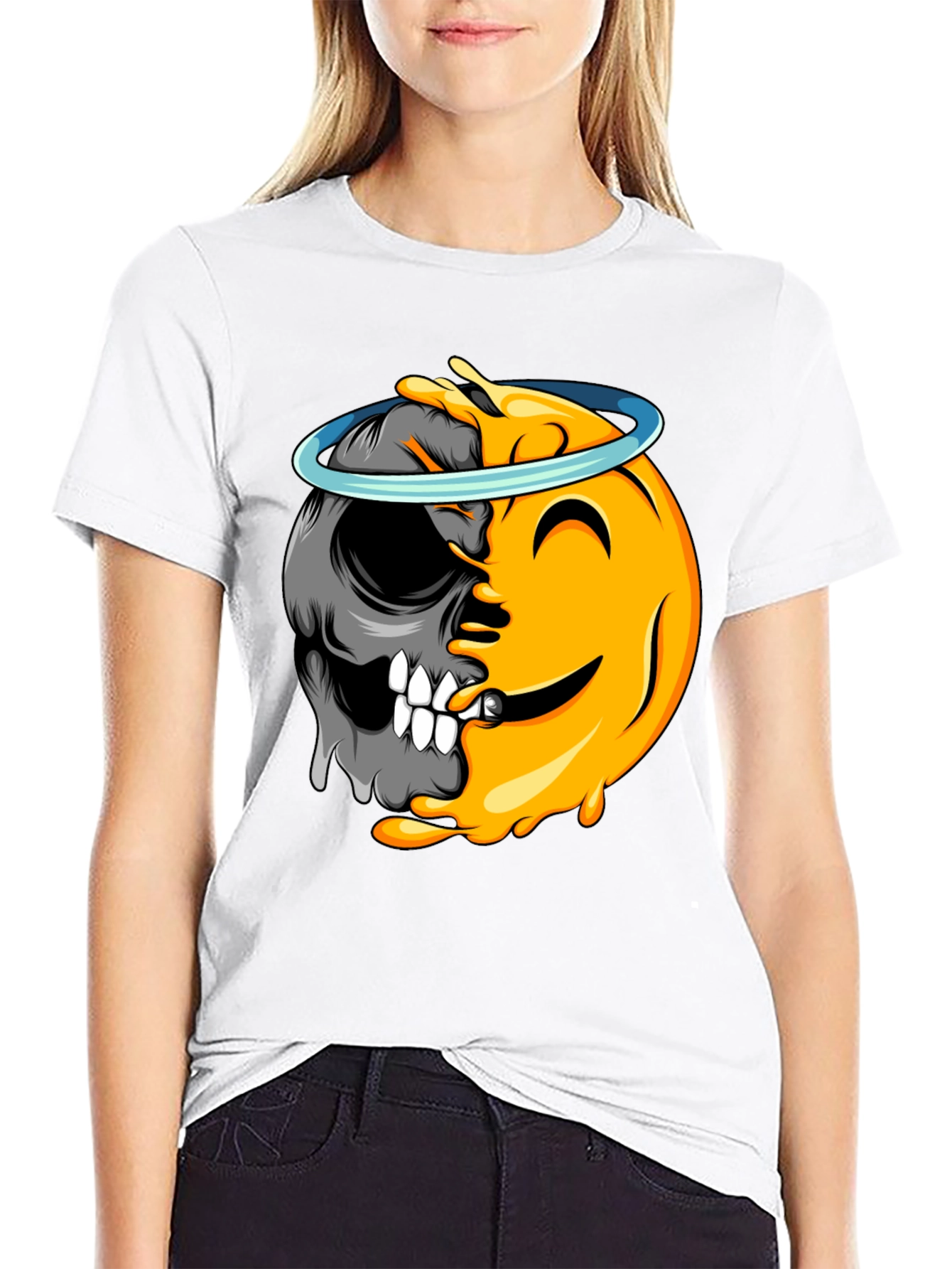 Black Emoji Half Skull Graphic Tee view 9