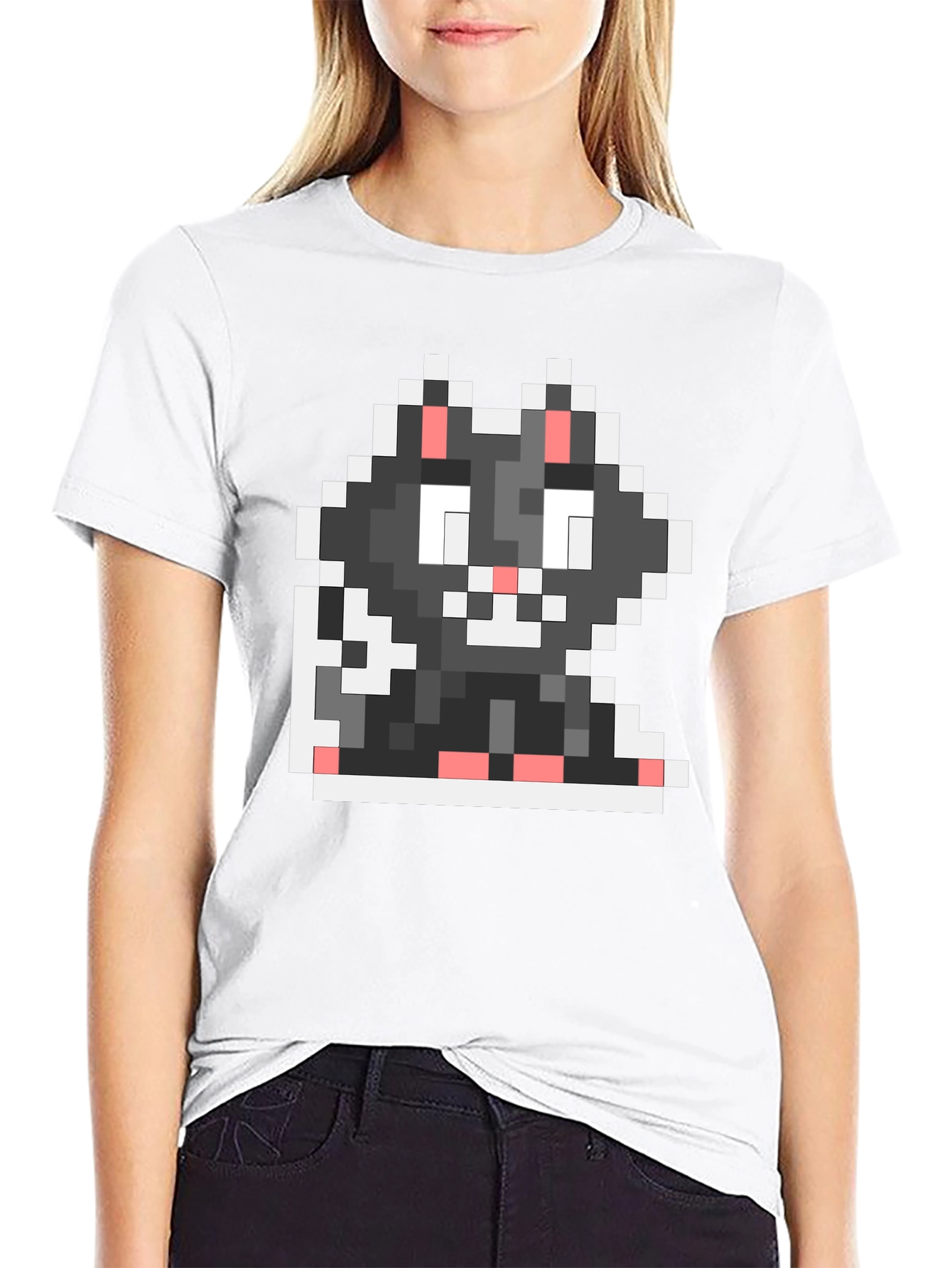 Black Pixel Cat Black T-Shirt view 9