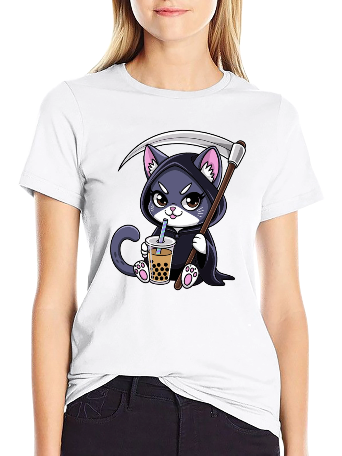 Black Grim Reaper Kitty Boba Tea T-Shirt view 9