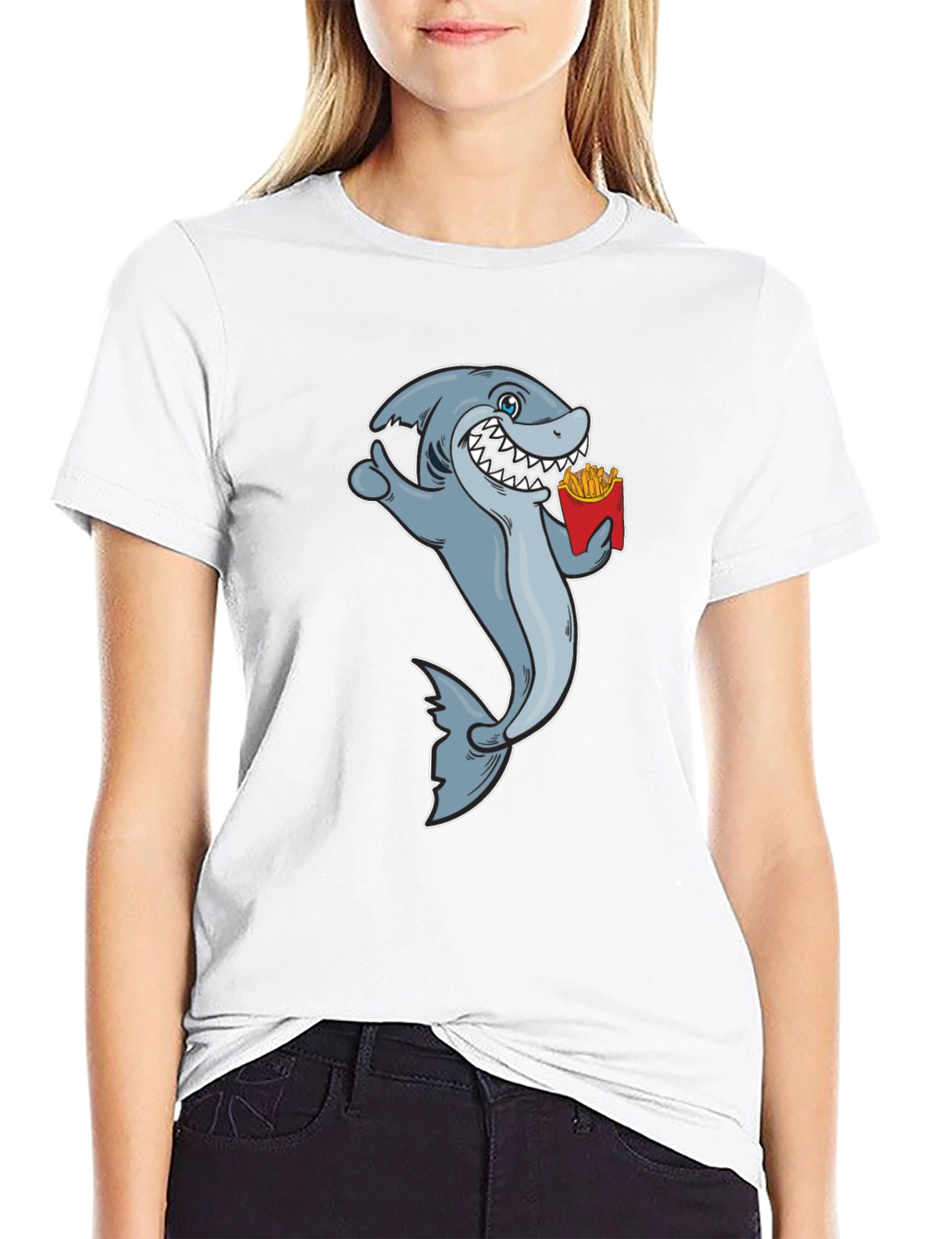 Black Shark Eating Fries Graphic Tee - Black Cotton T-Shirt view 9