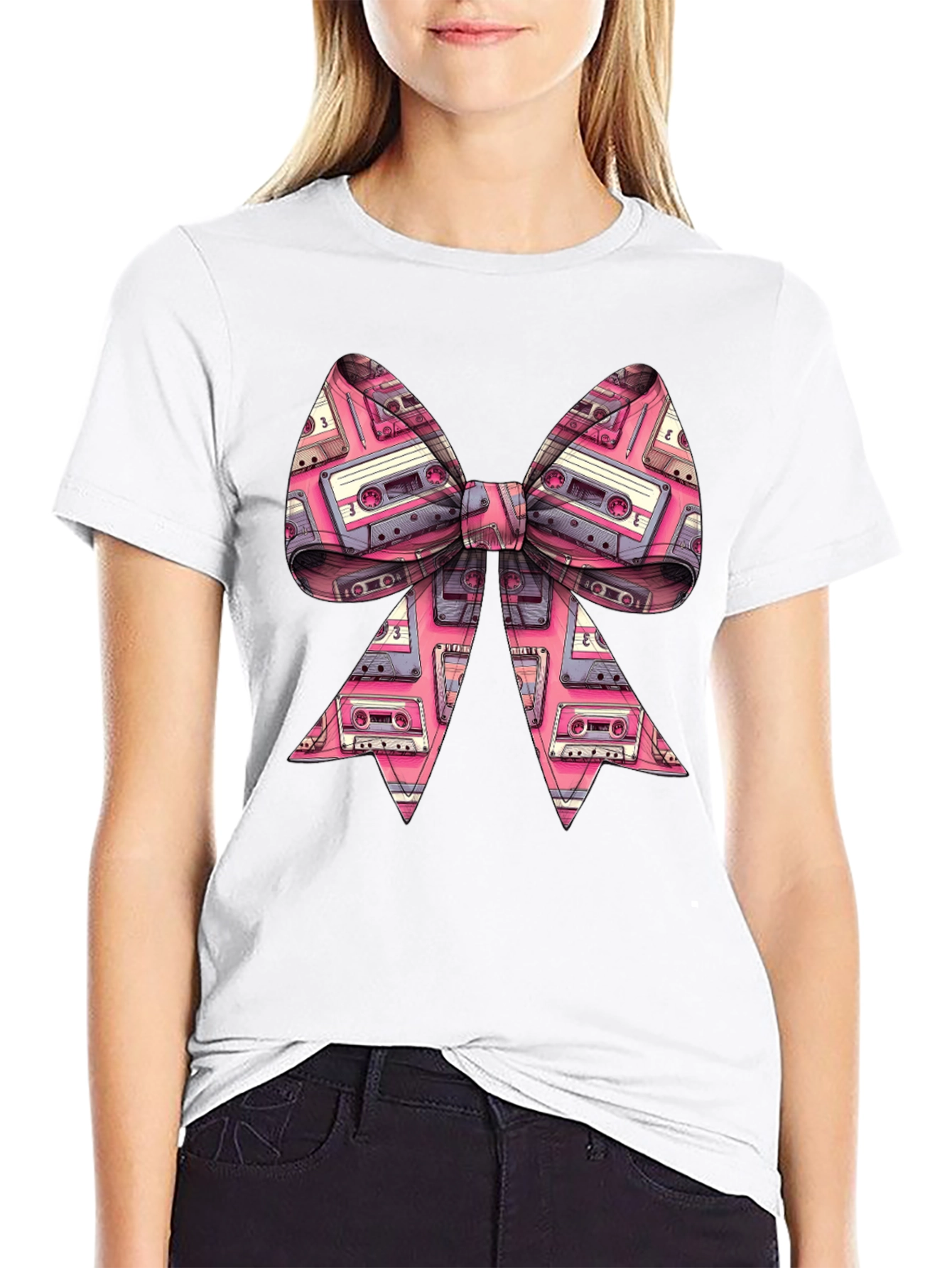 Black Retro Cassette Tape Bow Tie T-Shirt view 9