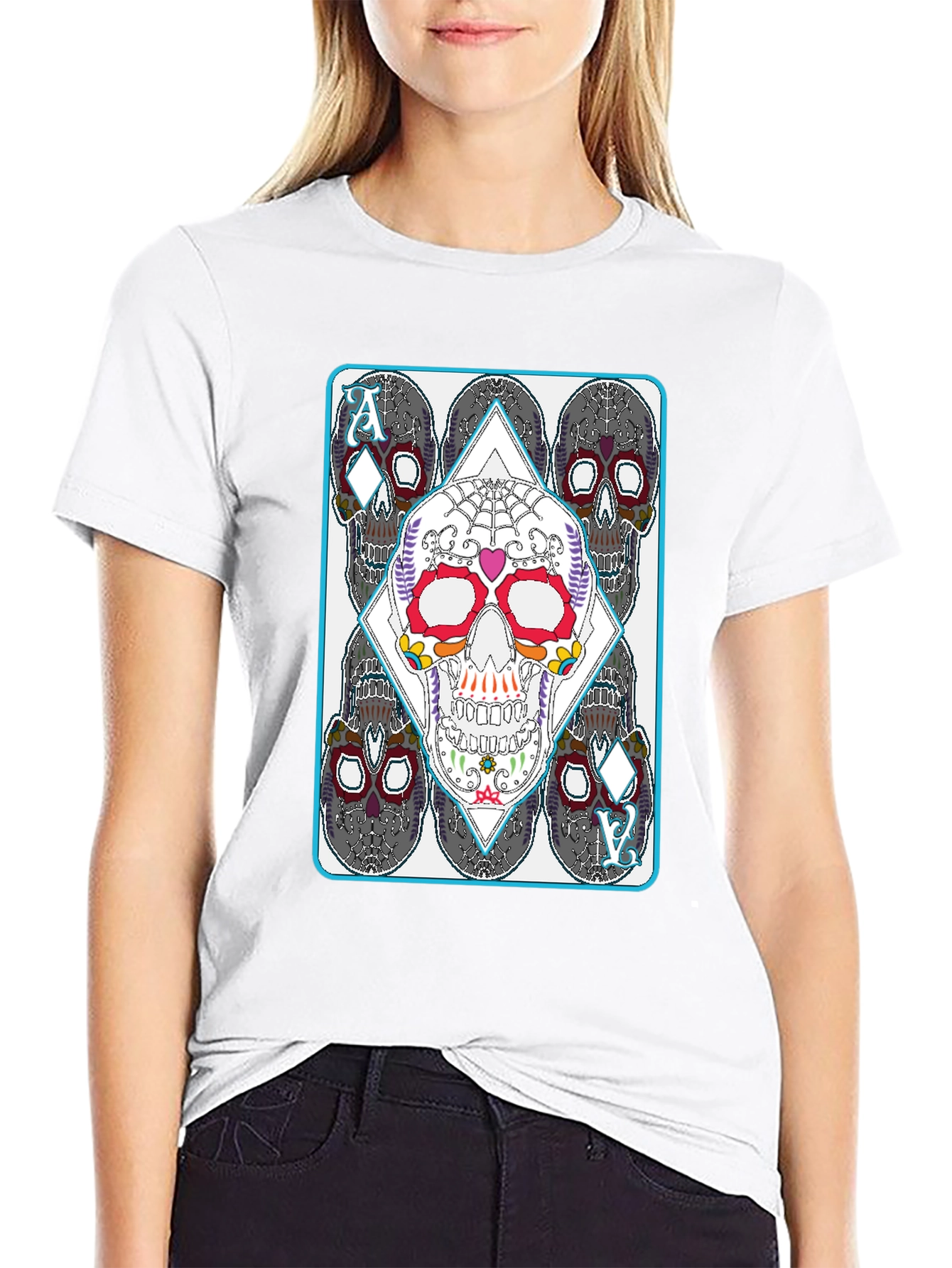 Black Sugar Skull Ace of Diamonds Graphic T-Shirt view 9