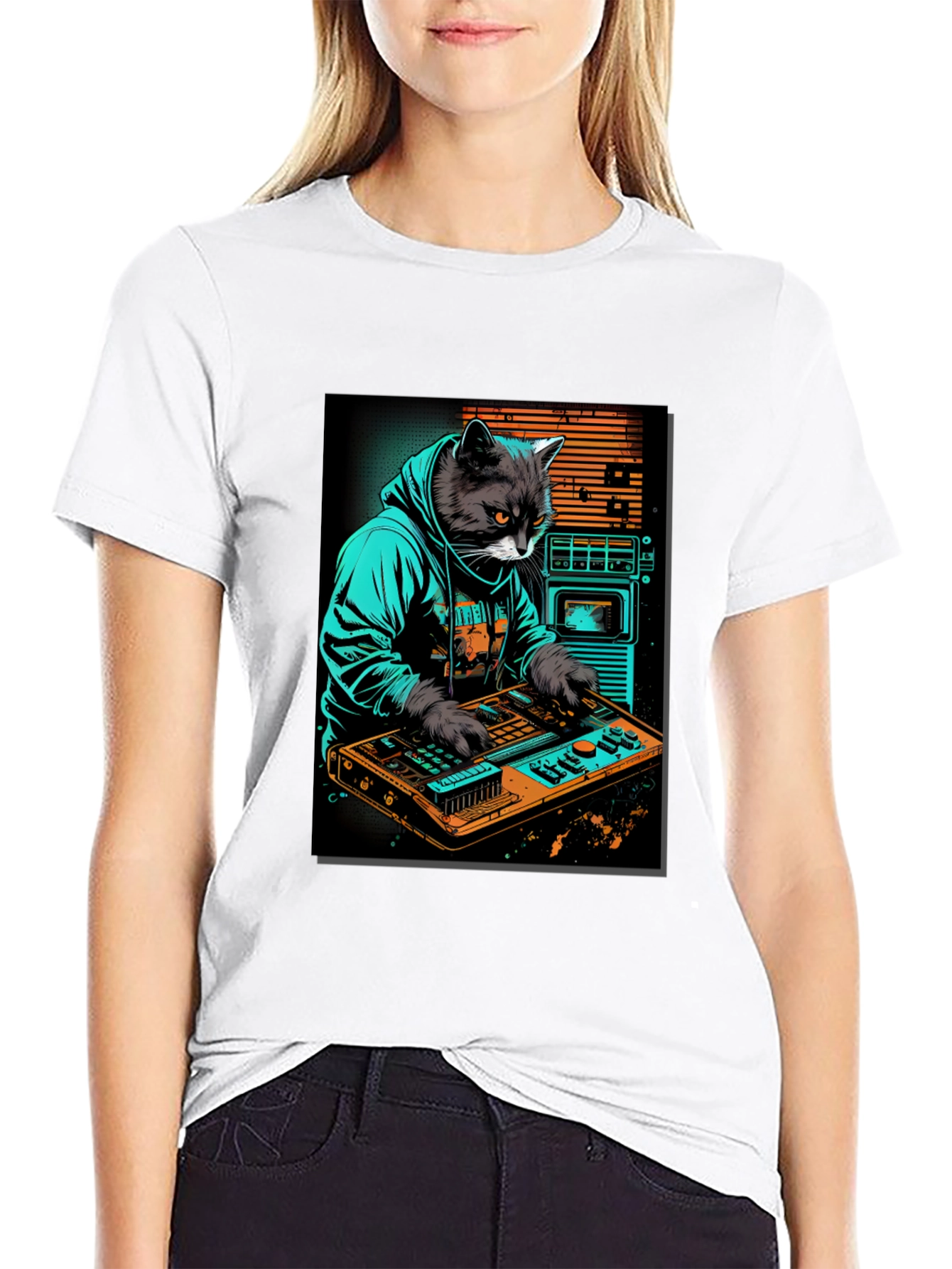 Black Cat DJ Graphic Tee - Cool Black T-Shirt view 9