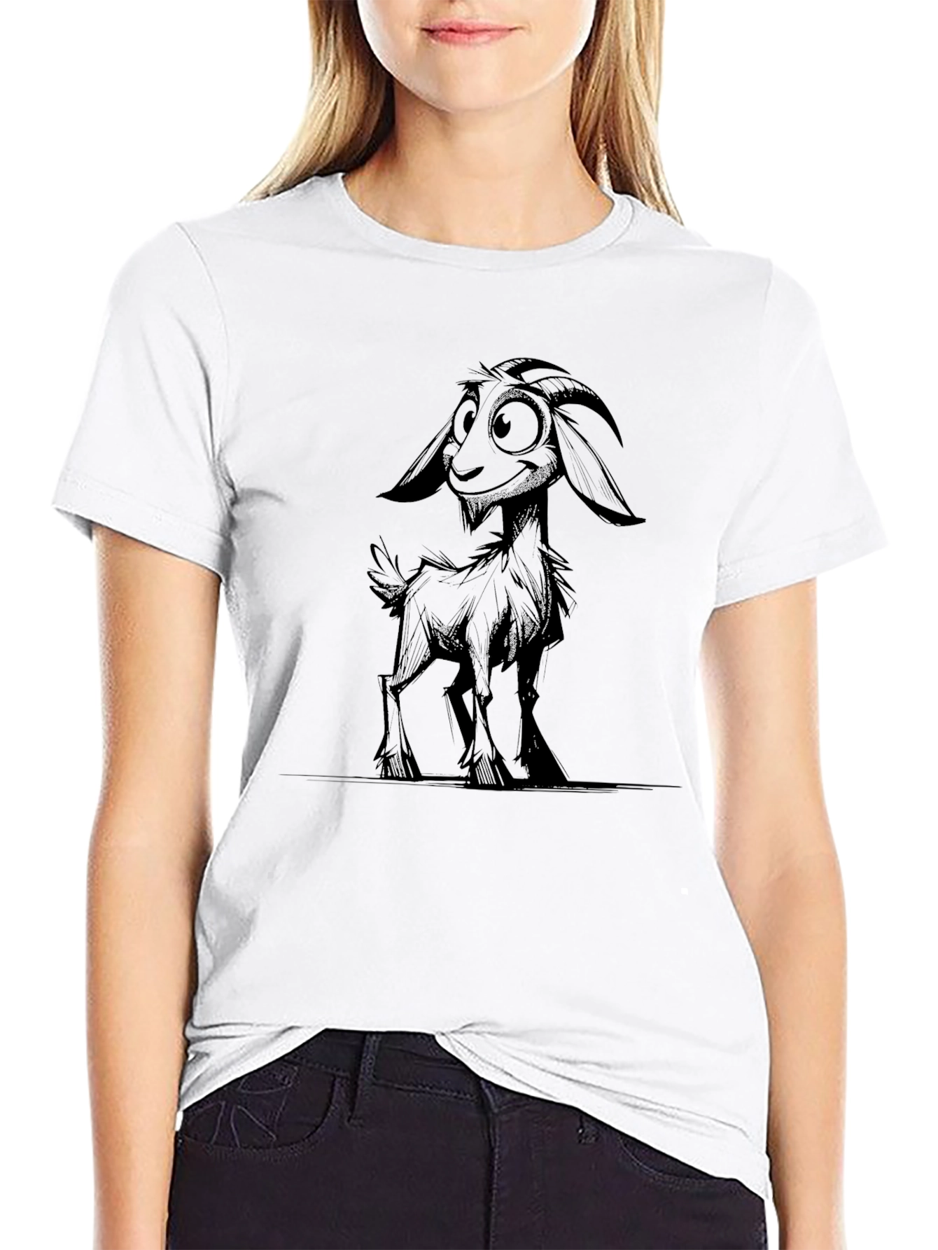 Black Cartoon Goat Graphic Tee - Black Cotton Blend view 9