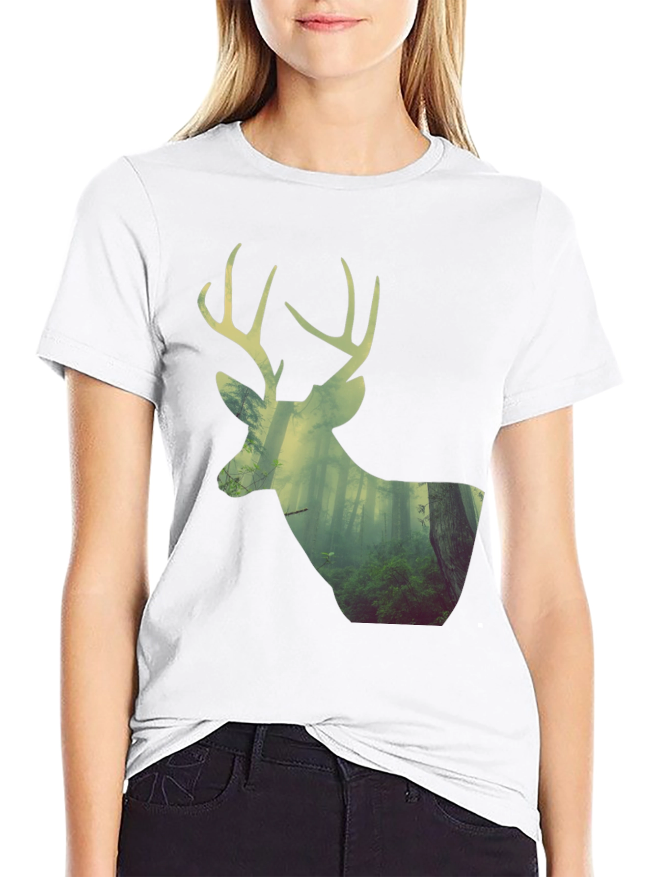 Black Deer Forest Graphic Print Black T-Shirt view 9