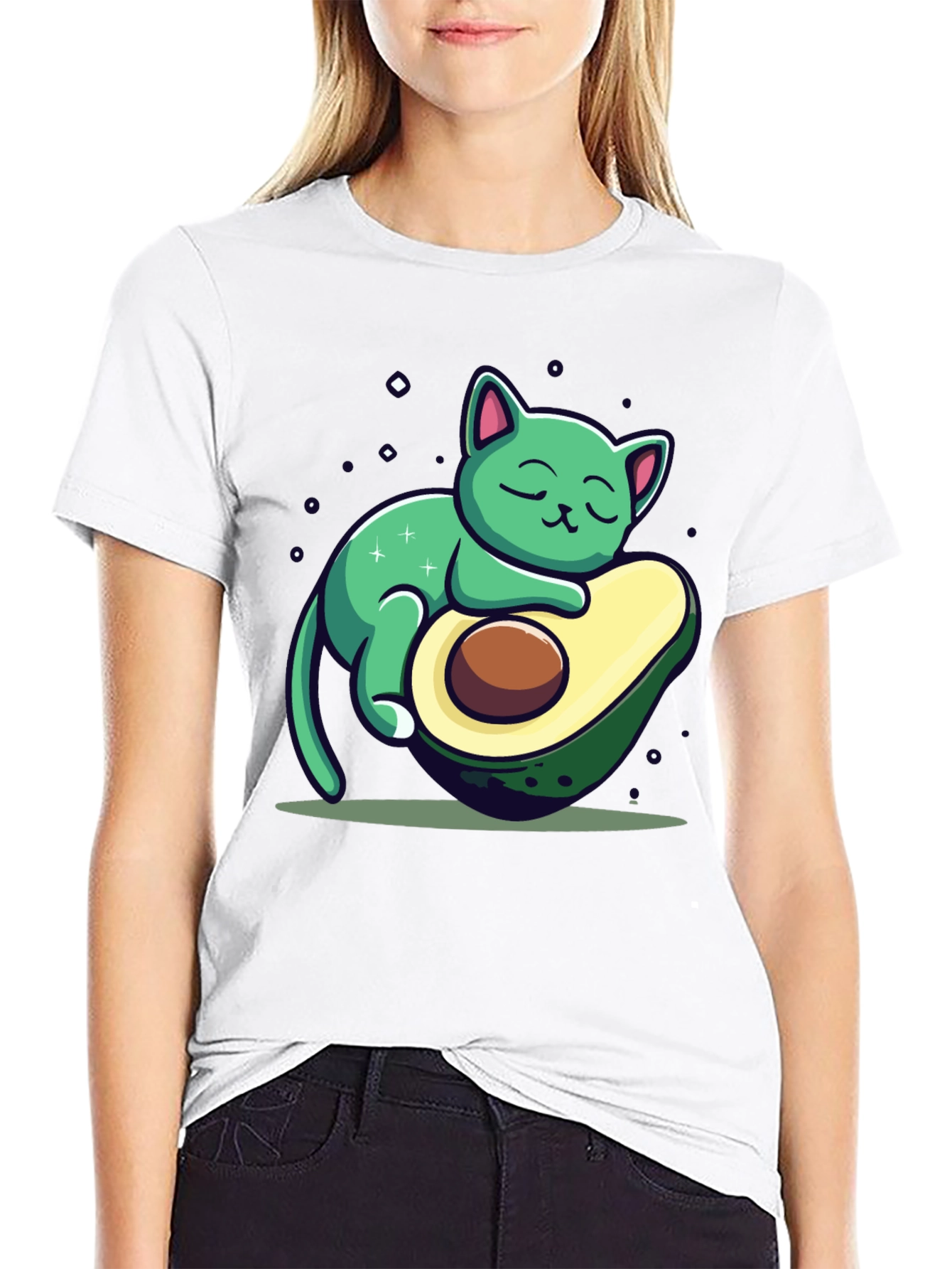 Black Cute Avocado Cat Graphic T-Shirt - Black view 9