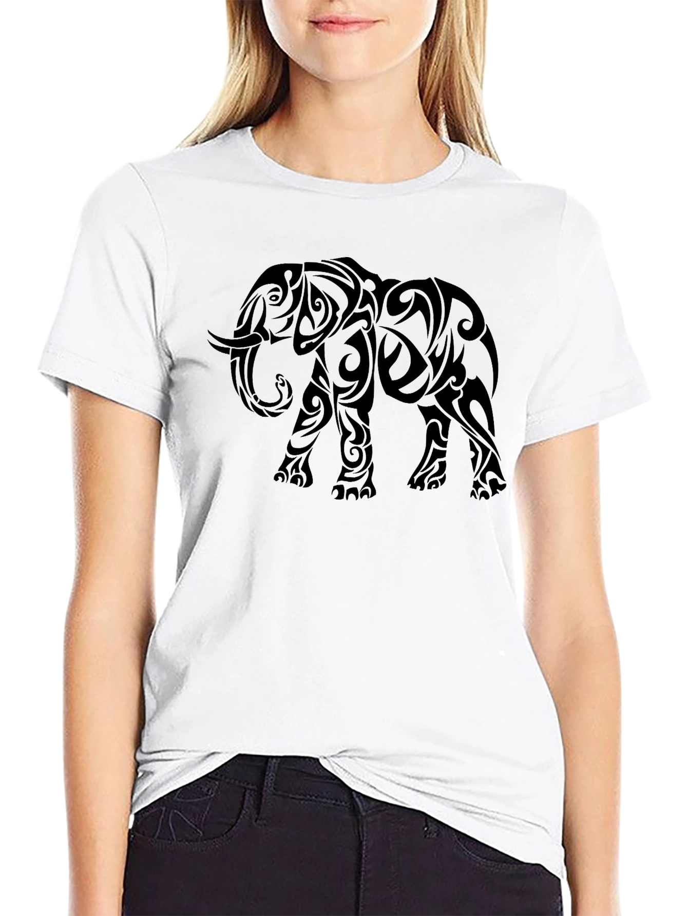 Black Tribal Elephant Graphic Print Black T-Shirt view 9