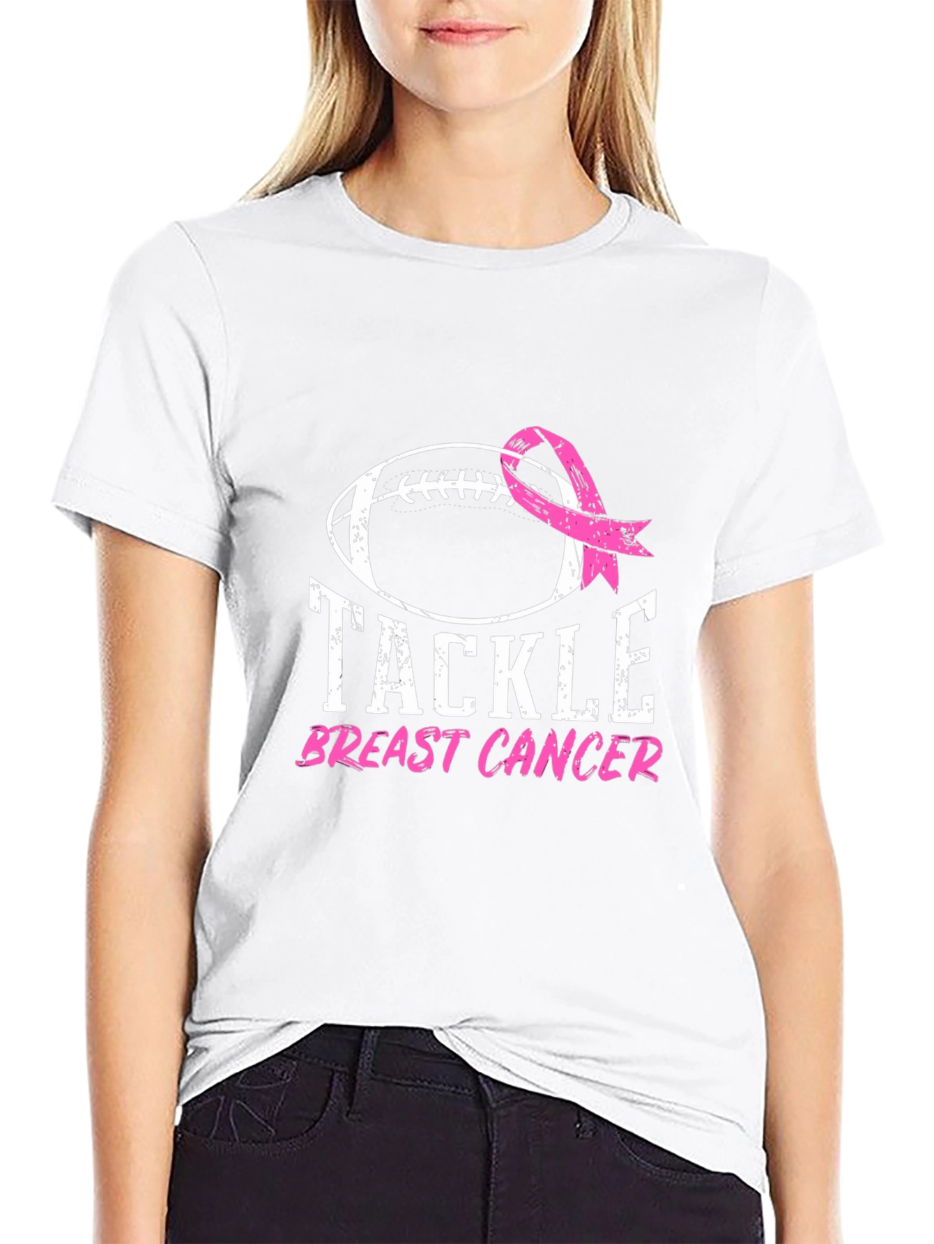 Black Tackle Breast Cancer Football Ribbon Awareness T-Shirt view 9