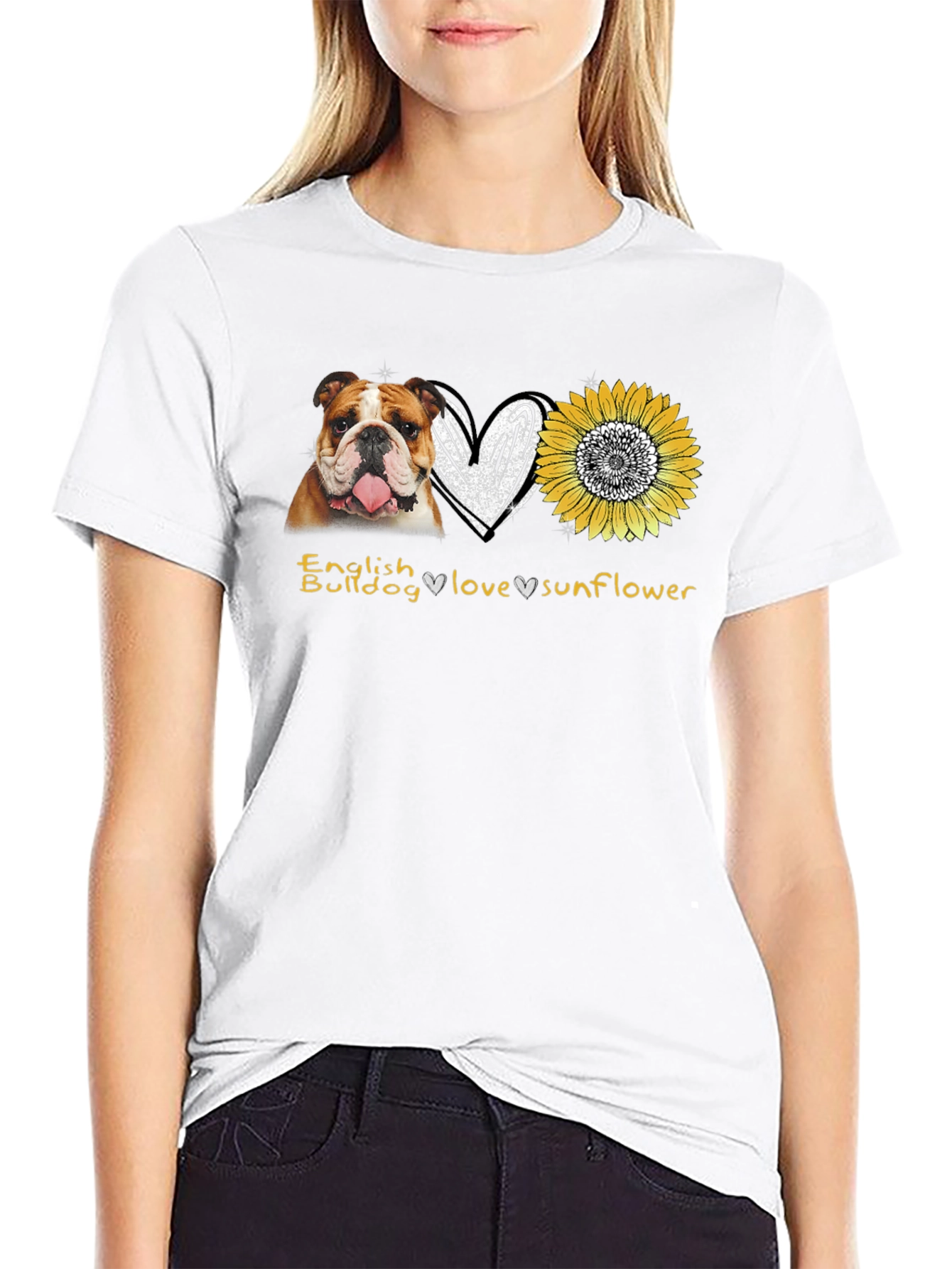 Black English Bulldog Love Sunflower Graphic T-Shirt view 9