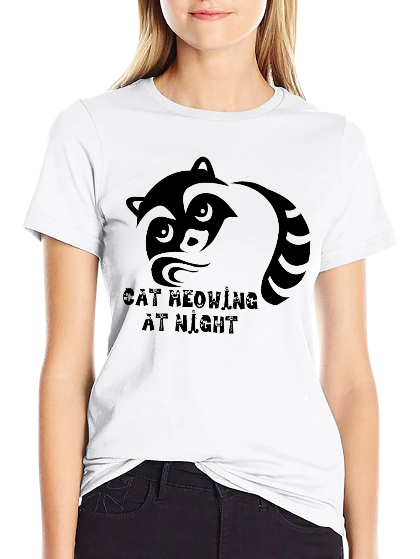Black Raccoon Graphic T-Shirt - Cat Meowing At Night Tee view 9