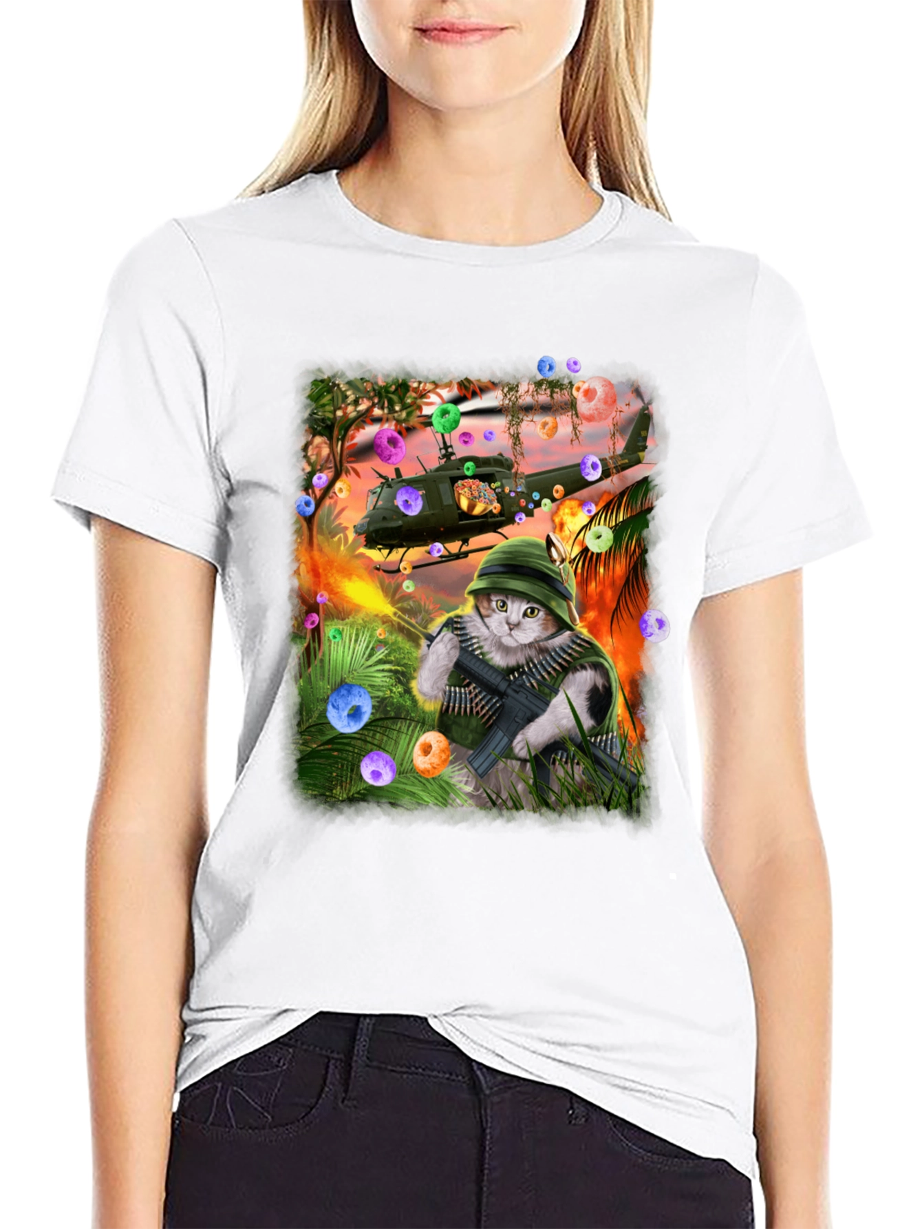 Black Funny Cat Warrior T-Shirt view 9