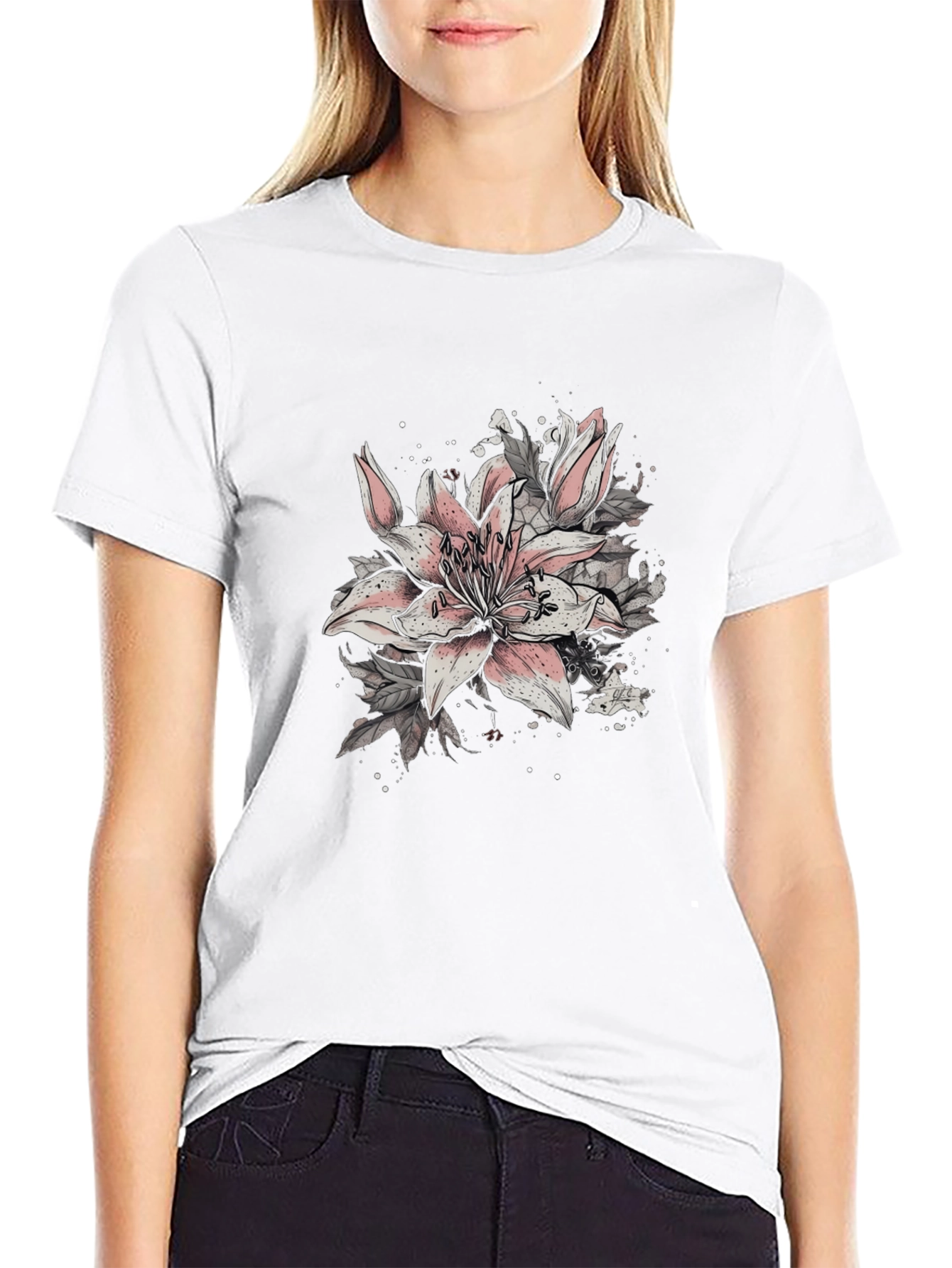 Black Floral Lily Graphic Black T-Shirt view 9