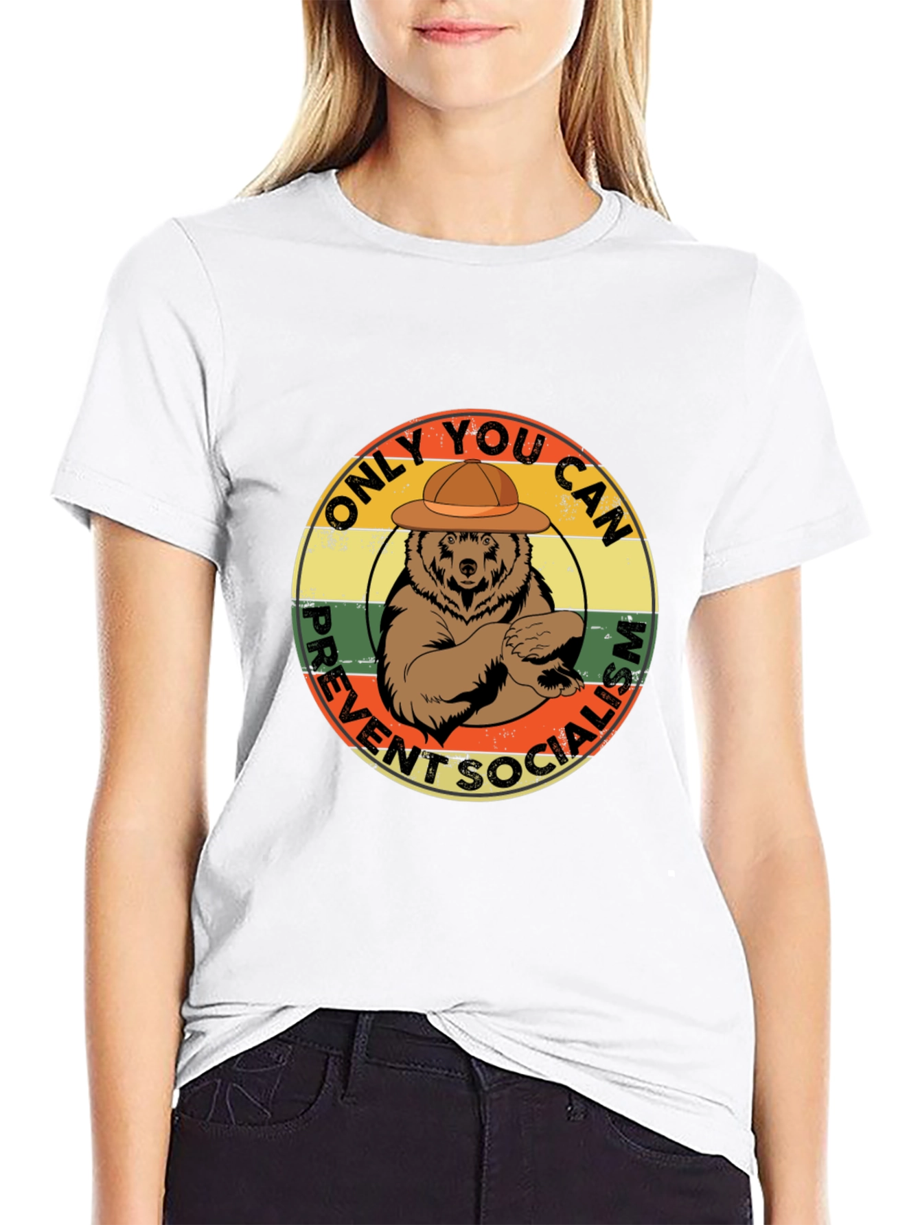 Black Smokey Bear Prevent Socialism T-Shirt view 9