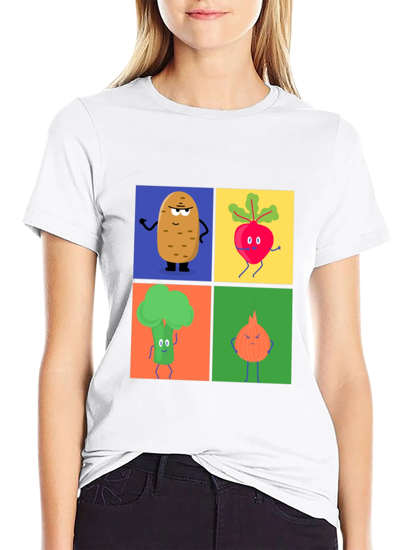 Black Veggie Cartoon T-Shirt: Potato, Beet, Broccoli, Onion view 9