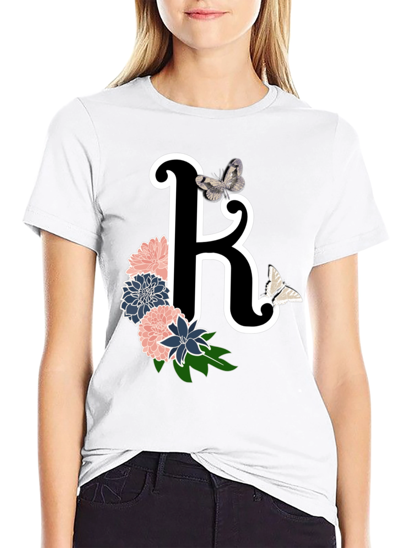 Black Floral Letter K Black T-Shirt view 9