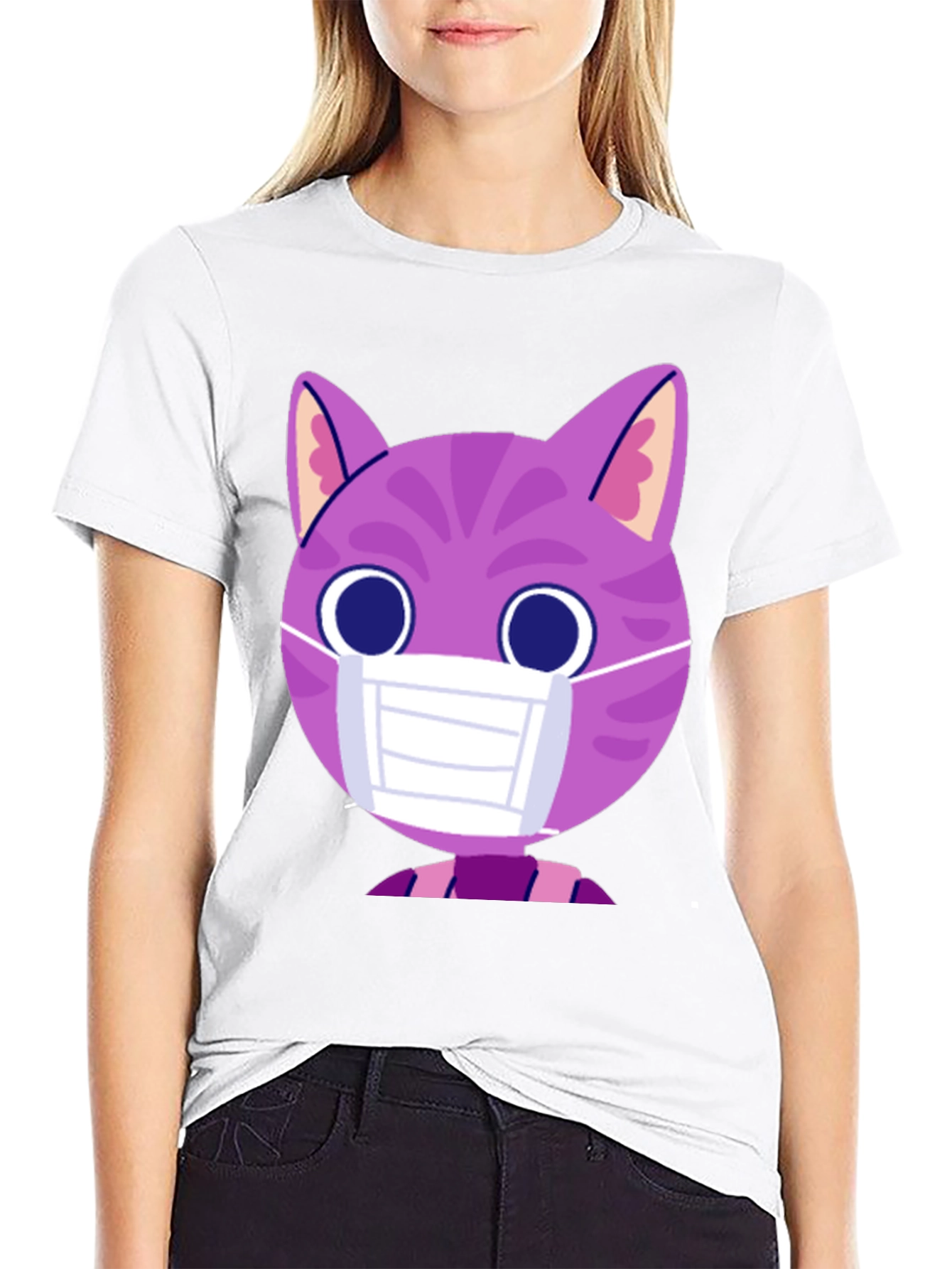 Black Cute Cat in Mask Graphic Tee - Unisex Black T-Shirt view 9