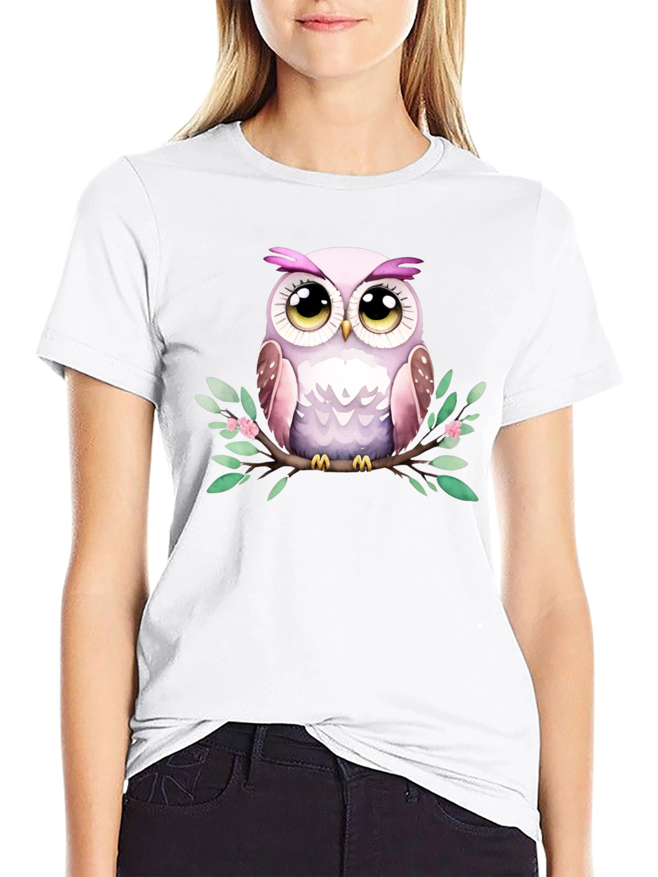 Black Cute Owl Graphic Tee - Black Cotton Blend view 9