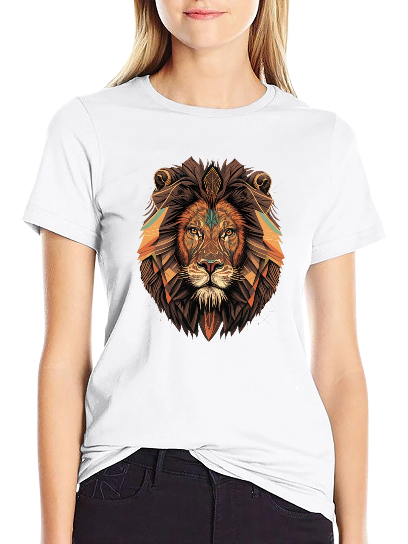 Black Geometric Lion Graphic Tee - Black Cotton Blend view 9
