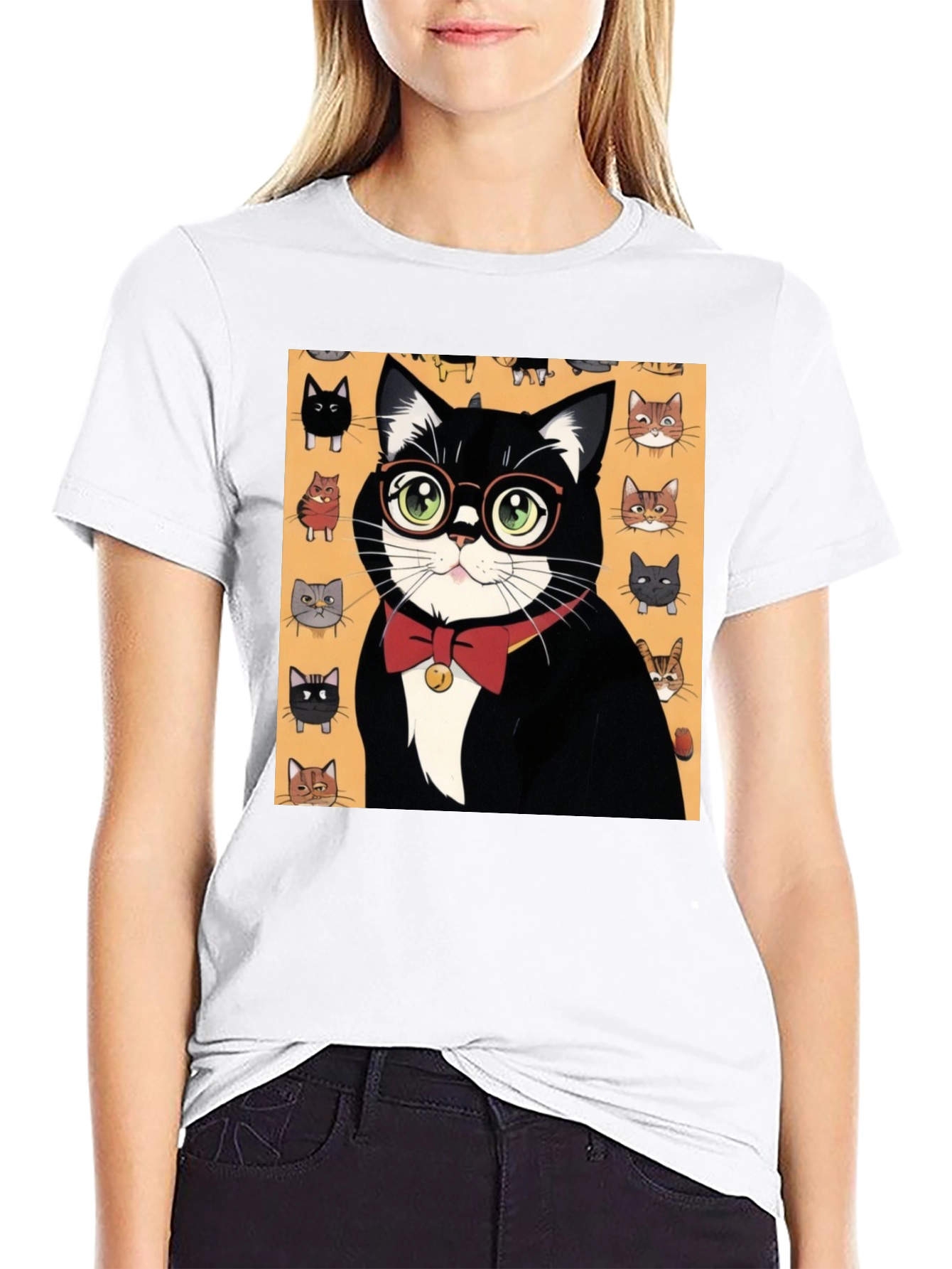 Black Cool Cat T-Shirt - Black Tee with Whimsical Cat Print view 9