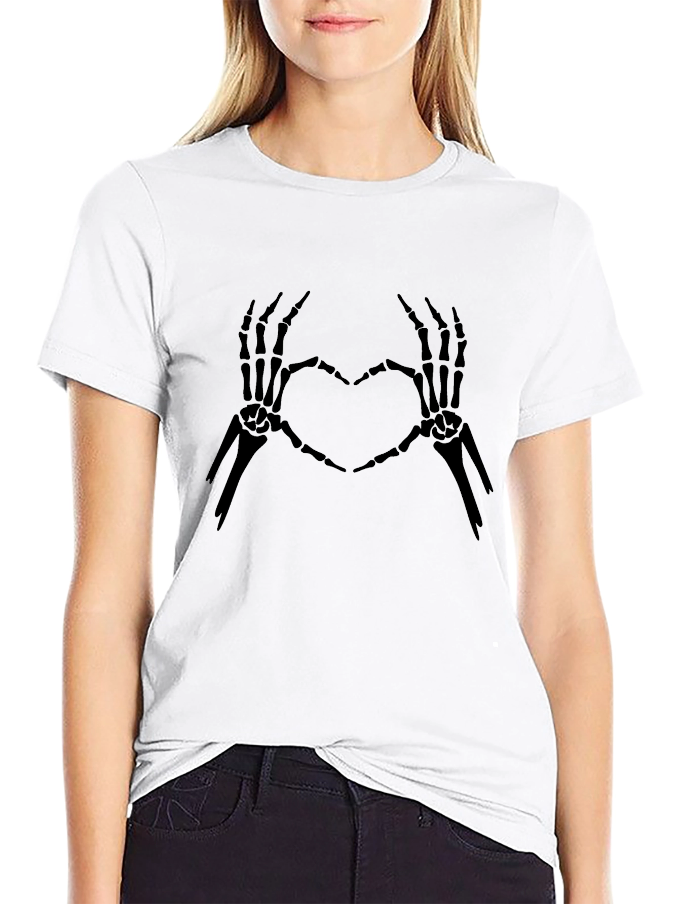 Black Skeleton Heart Hands Graphic Tee - Black Cotton view 9