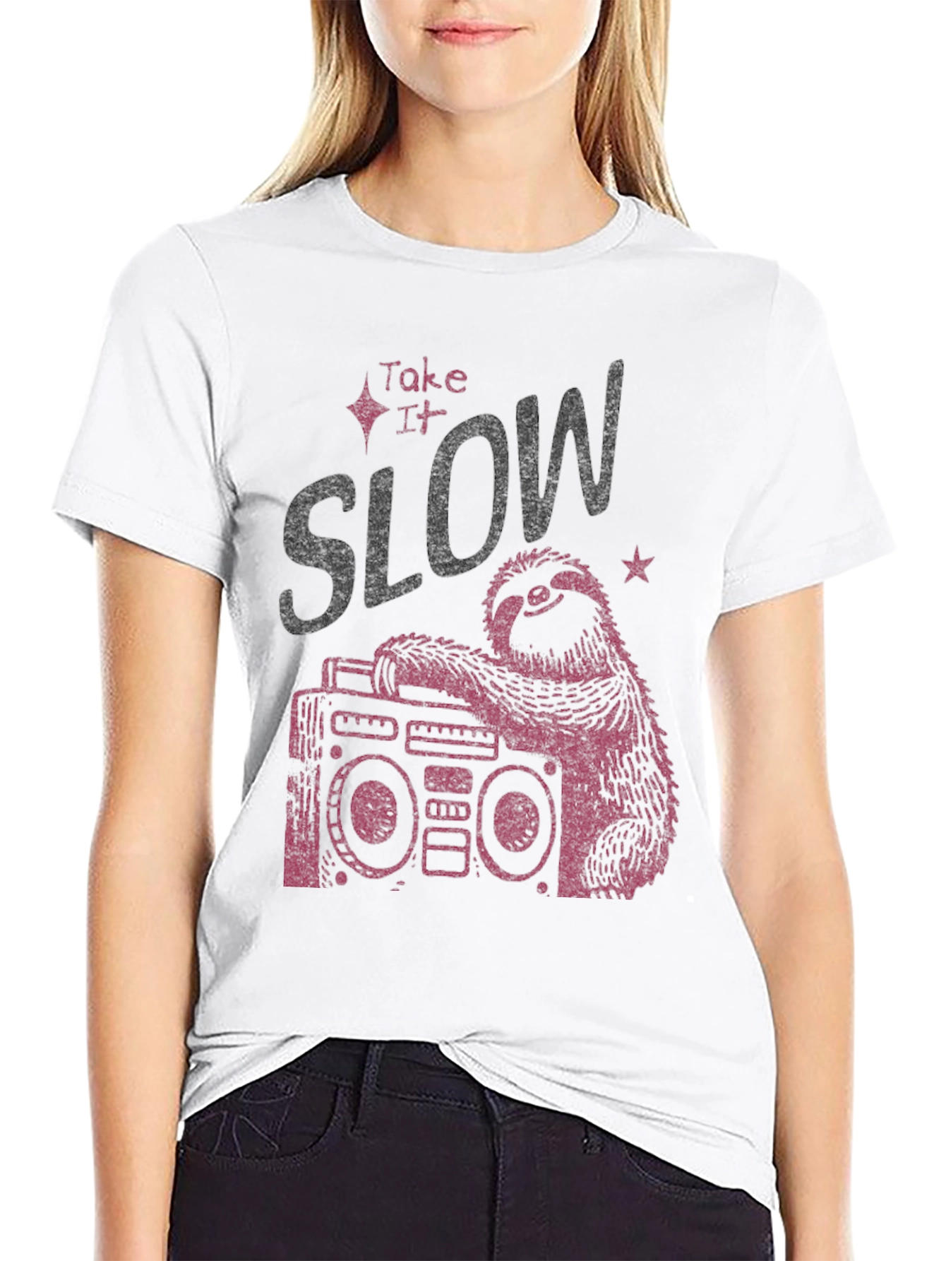 Black Take It Slow Sloth Boombox Graphic Tee view 9