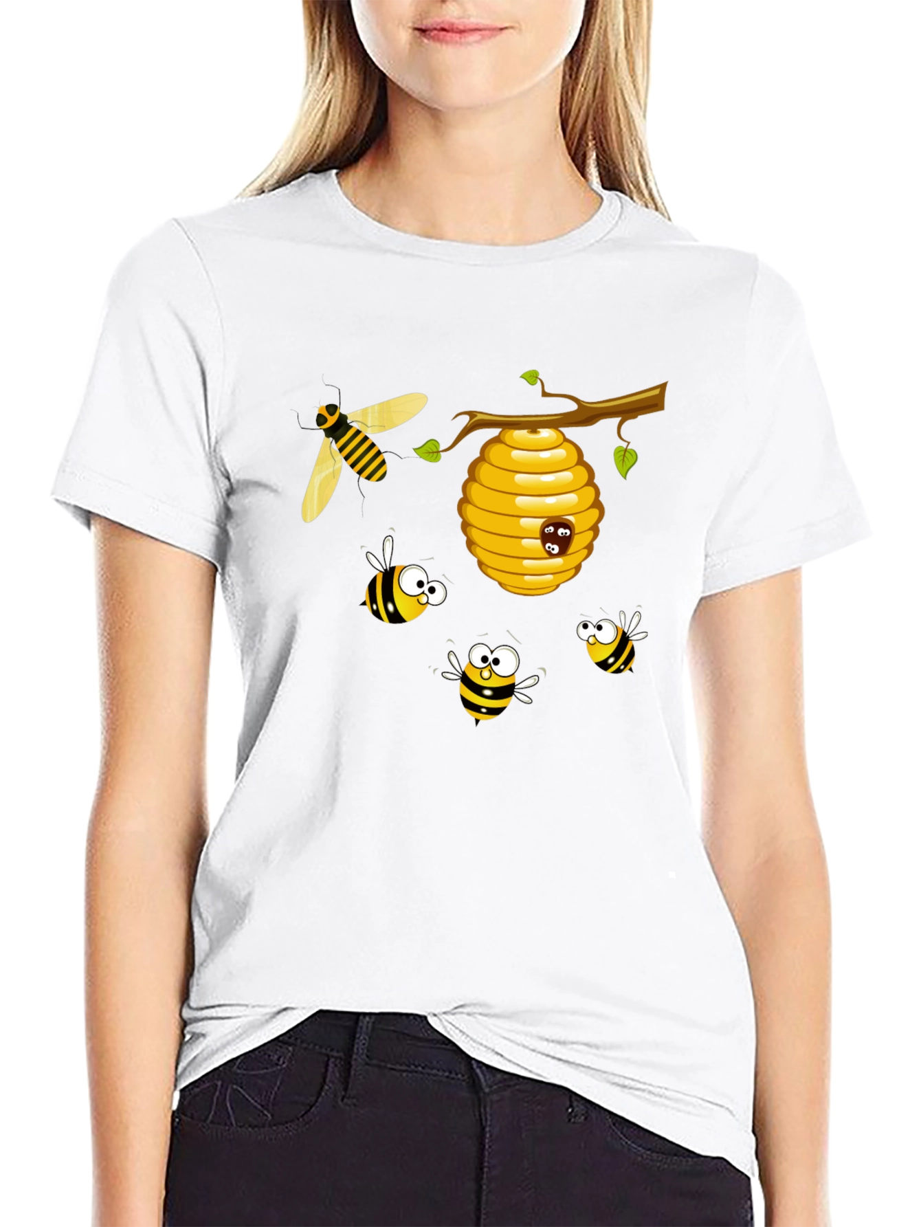 Black Cartoon Bees T-Shirt - Black Cotton Tee view 9