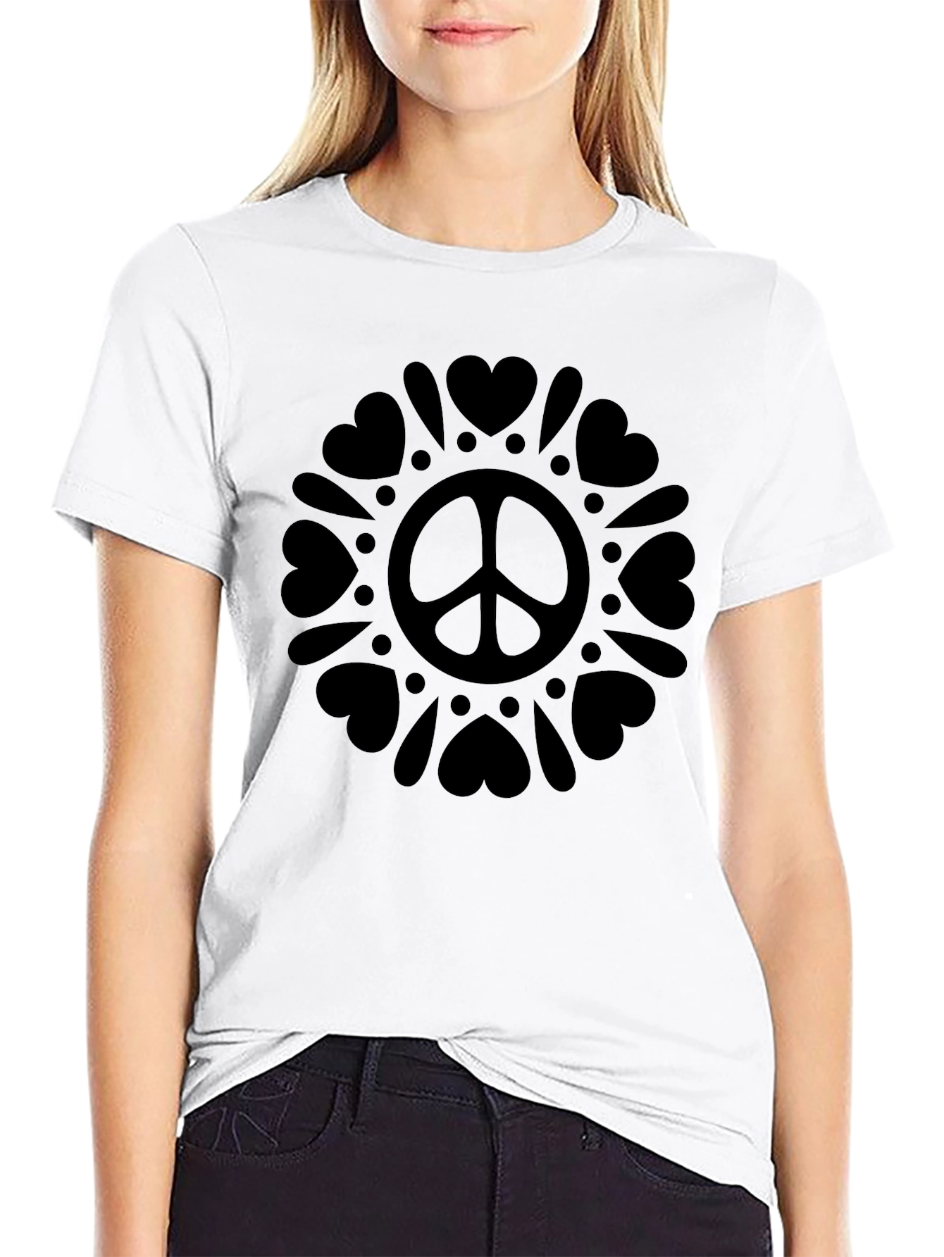 Black Peace Sign Heart Mandala Graphic Tee view 9