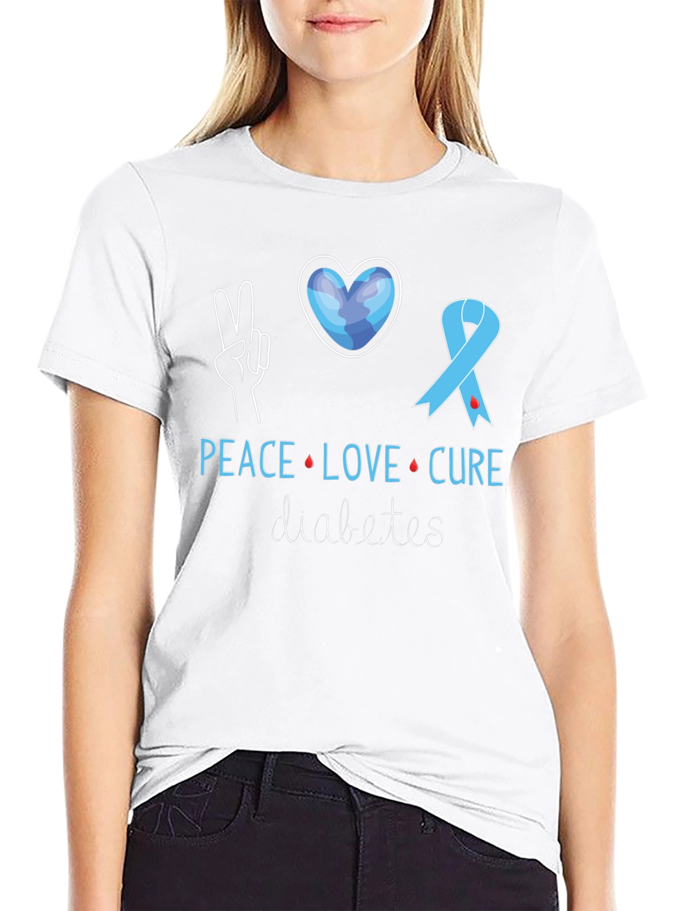 Black Peace Love Cure Diabetes Awareness T-Shirt view 9