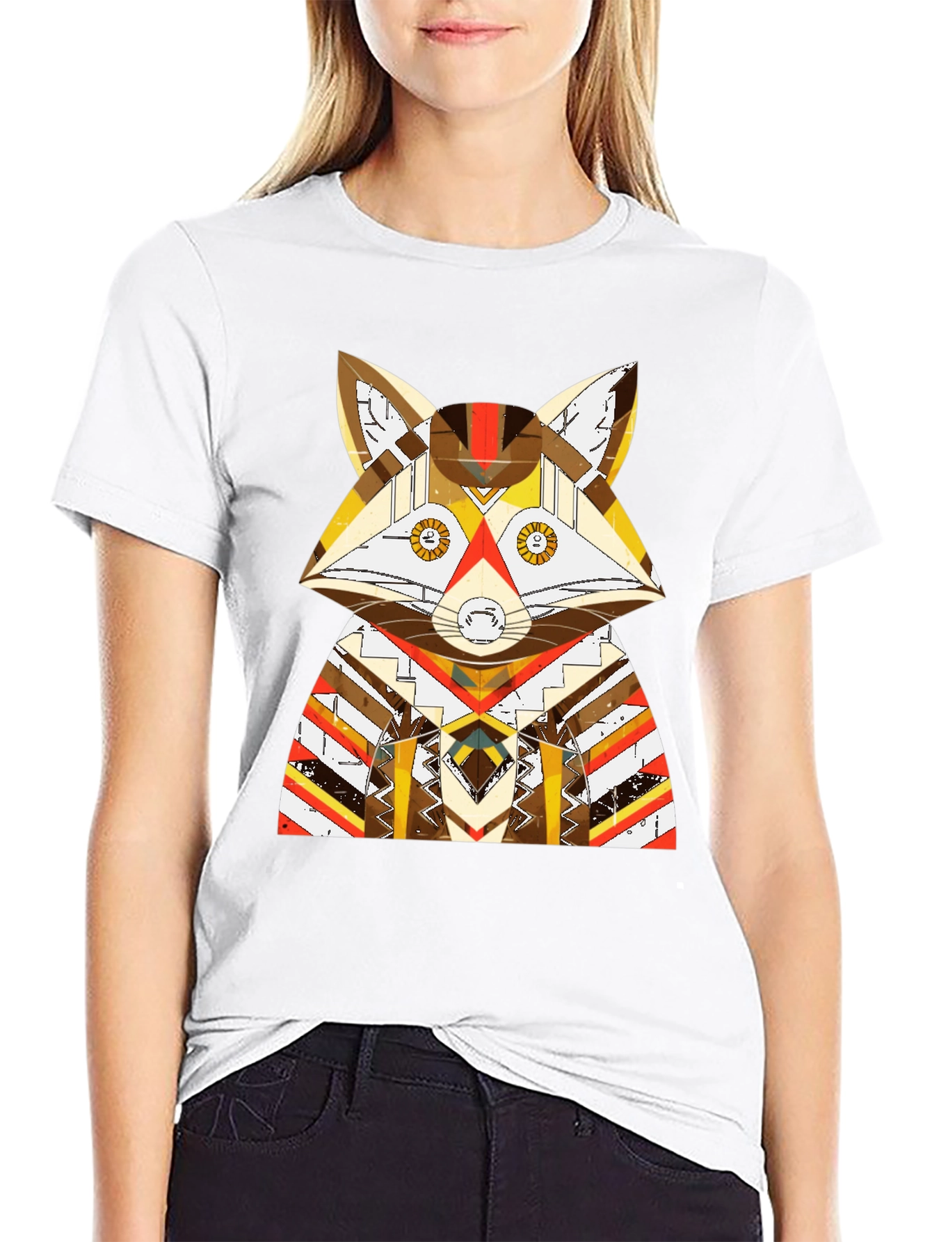 Black Geometric Fox Graphic Black T-Shirt view 9