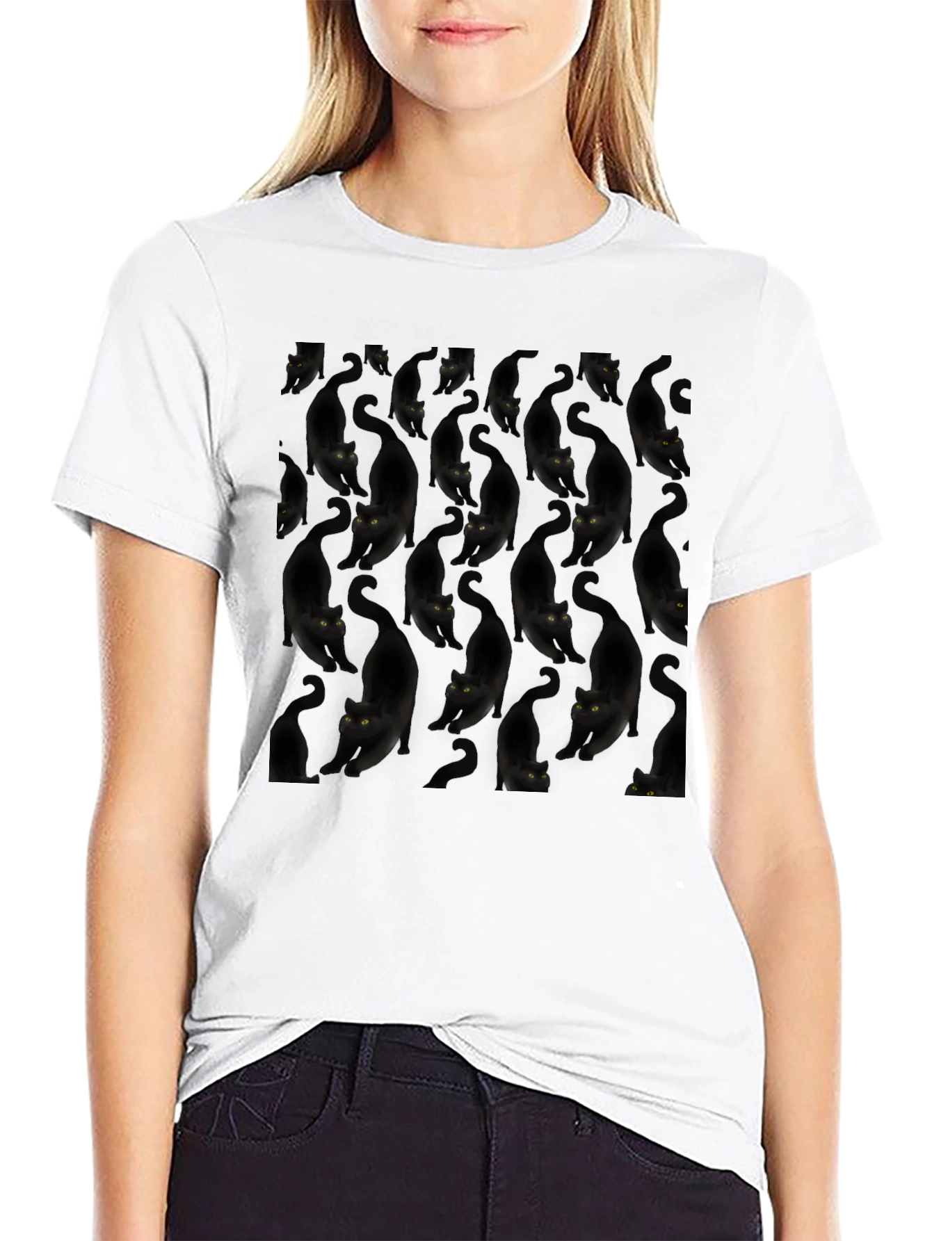 Black Black Cat Pattern Tee - Unique & Stylish view 9